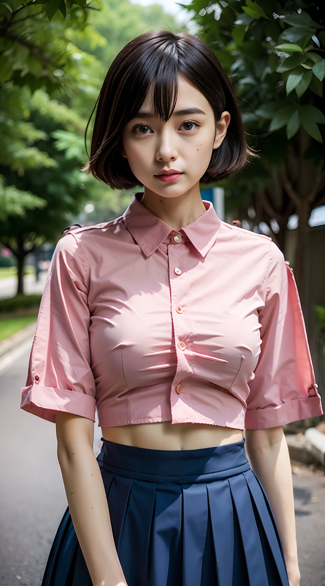 Tight pink buttoned shirt、The navel is visible、Beautiful abs、Short dark blue pleated skirt、panthyhose、