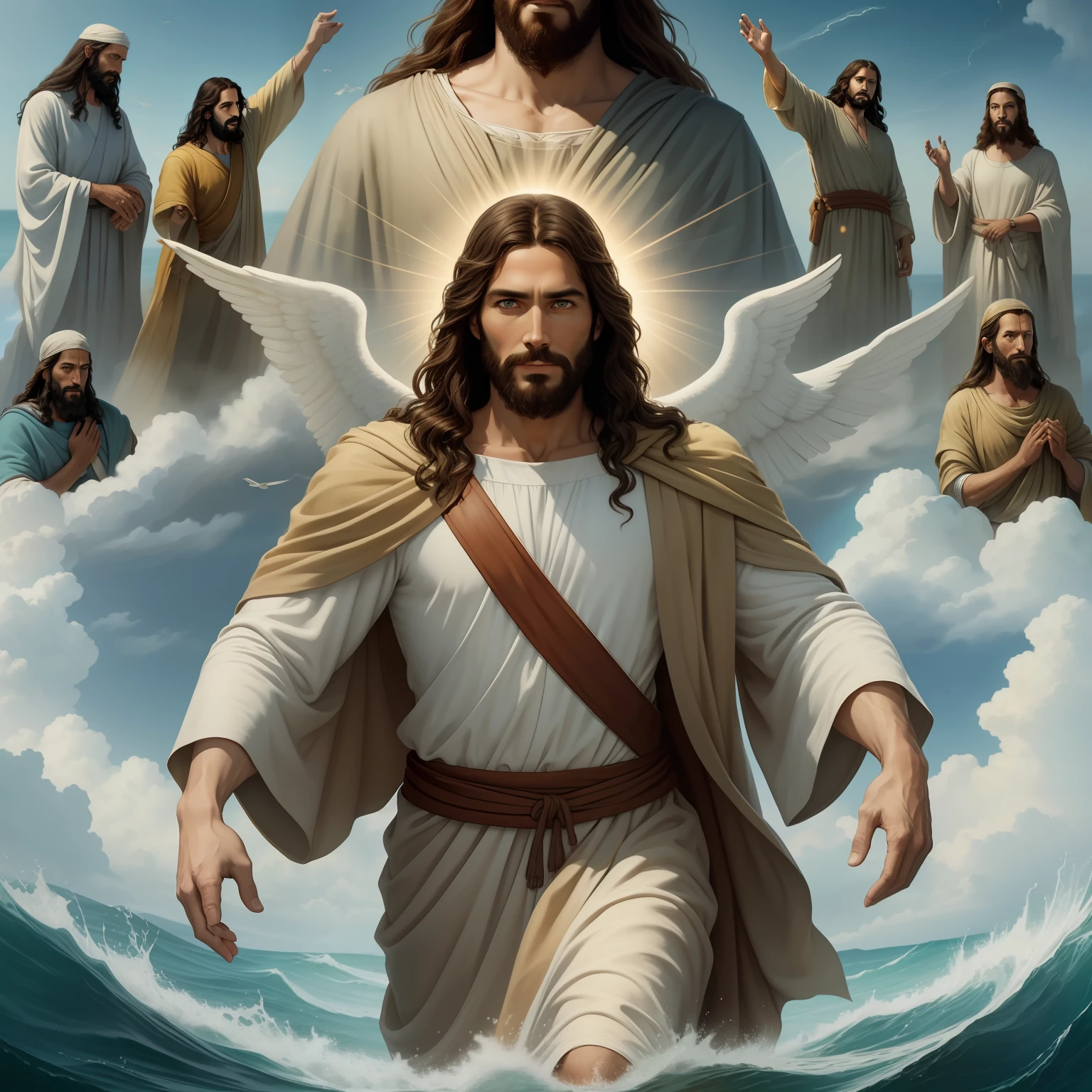 A beautiful ultra-thin realistic portrait of Jesus, the prophet, a man 35 years old Hebrew brunette, short brown hair, real perfect eyes, long brown beard, with, Helping People , wearing long linen tunic closed on the chest part, in front view, full body, biblical, realistic,by Diego Velázquez,Peter Paul Rubens,Rembrandt,Alex Ross,8k, Concept Art, PhotoRealistic, Realistic, Illustration, Oil Painting, Surrealism, HyperRealistic, helping people , Digital art, style, watercolorReal Jesus flying on sky with a flying cloud in the background, Jesus walking on water, biblical illustration, epic biblical representation, forcing him to flee, coming out of the ocean, ! holding in hand!, disembarking, god of the ocean, beautiful representation, 8k 3D Model, realistic,
a 3D Realistic of jesus with a halo in the sky, jesus christ, smiling in heaven, portrait of jesus christ, jesus face, 35 young almighty god, portrait of a heavenly god, greg olsen, gigachad jesus, jesus of nazareth, jesus, the face of god, god looking at me, he is greeting you warmly, he is happy, avatar image