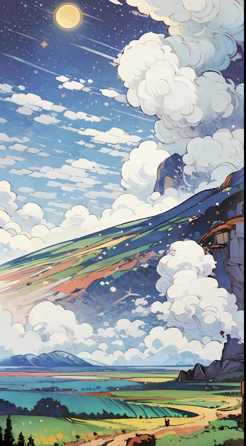 (Blue sky, White cloud:1.5), day, concept-art, (fantasy:1.5), (Night:1.4),sky cities，Fantastical，rich colours，tmasterpiece，sky castles，Roller，Dynamic lines
starry sky