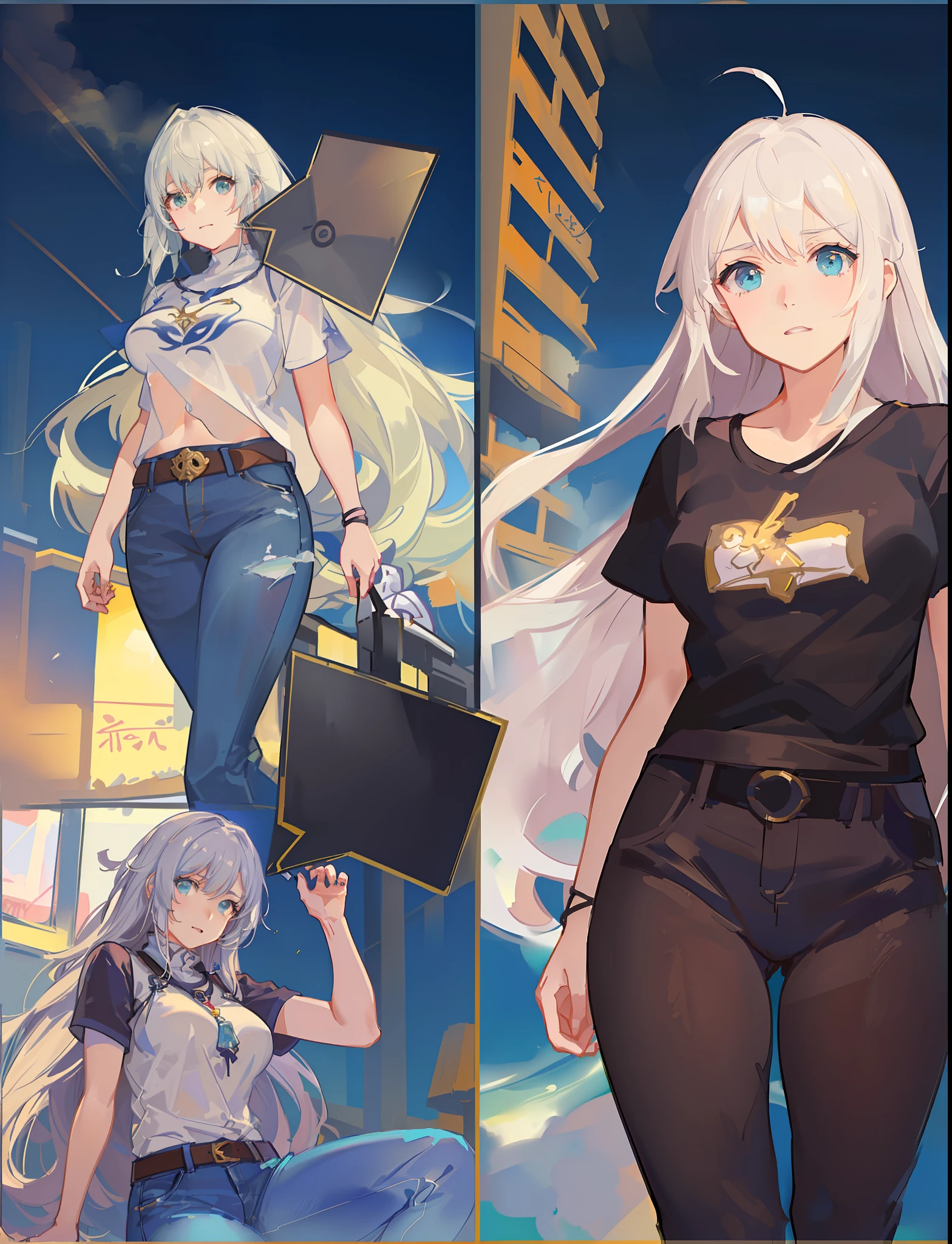 Garota anime com cabelo verde e jeans azul posando para uma foto, forest city streets behind her, lucio como uma mulher, Cushart Kenz, Cushart, kantai collection style, Arte Oficial, knights of zodiac girl, arte em quadrinhos, android heroine, Krenz Cushart e Artgerm, arte anime de alta qualidade, full color manga visual style