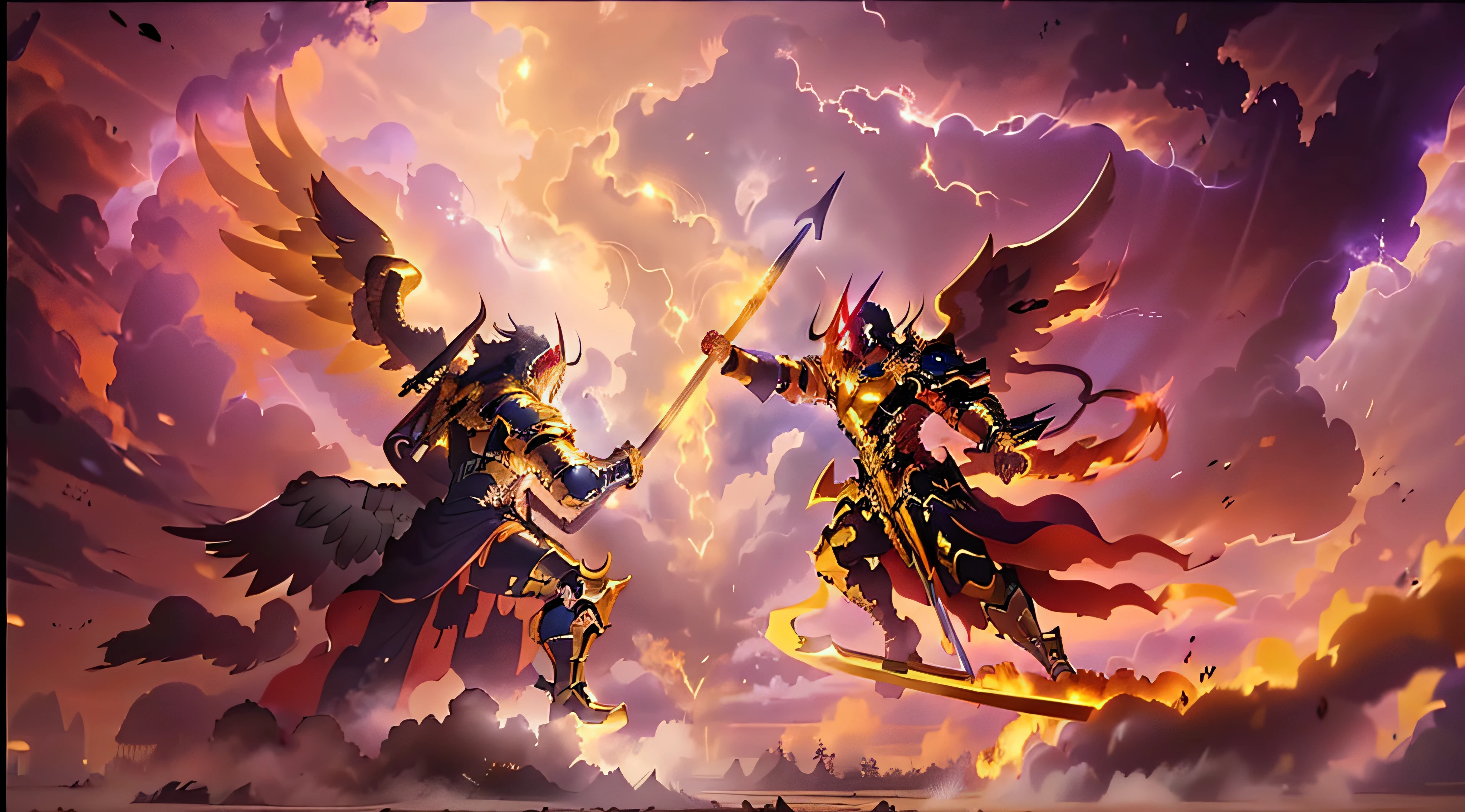(Battle between an angel and a demon), (((heaven versus hell))), ((Angel coming from heaven among the clouds)), (angel with a golden spear in his hand), ((Demon coming out of hell opening the ground)), (Demon with a scythe in his hand)