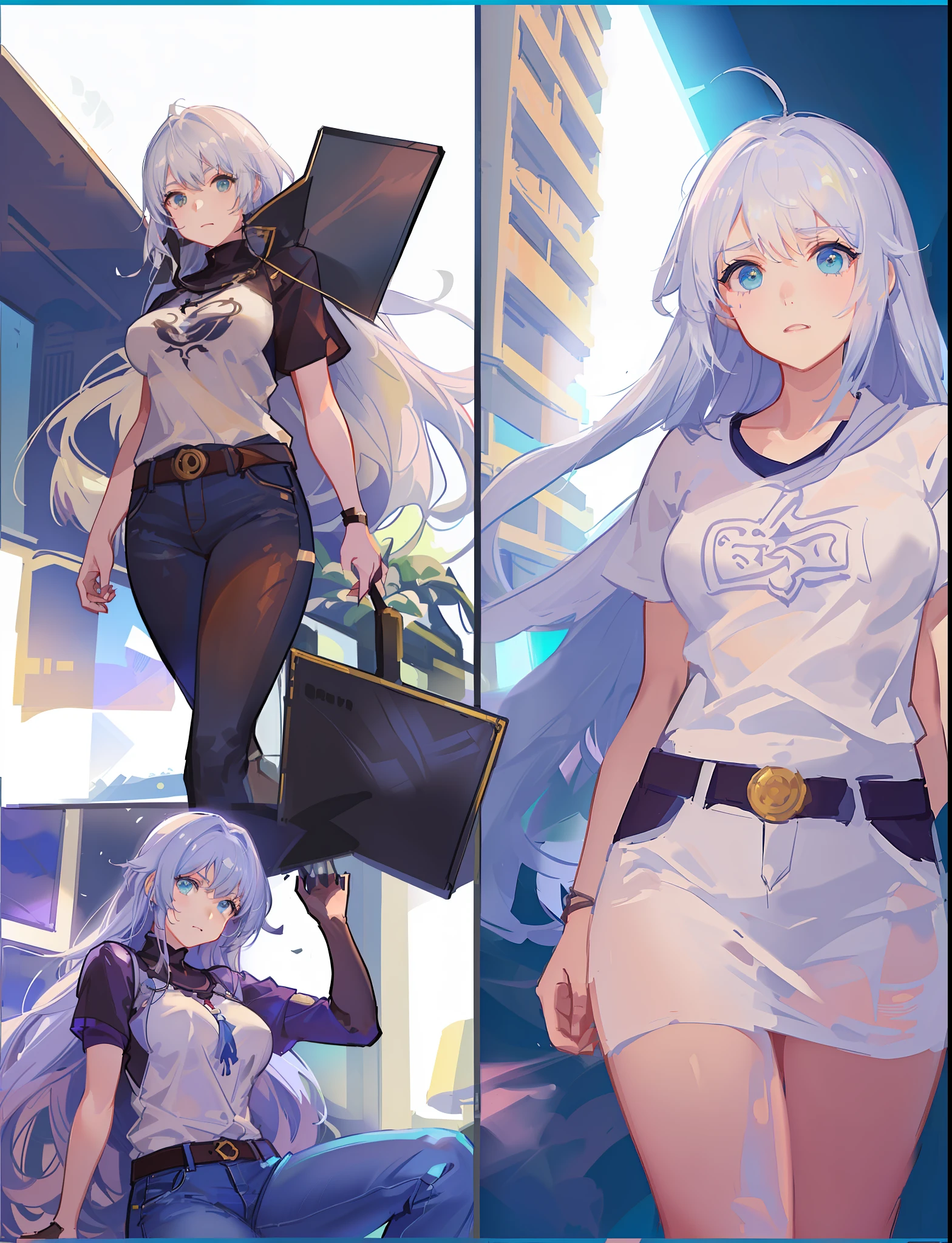 Garota anime com cabelo verde e jeans azul posando para uma foto, forest city streets behind her, lucio como uma mulher, Cushart Kenz, Cushart, kantai collection style, Arte Oficial, knights of zodiac girl, arte em quadrinhos, android heroine, Krenz Cushart e Artgerm, arte anime de alta qualidade, full color manga visual style
