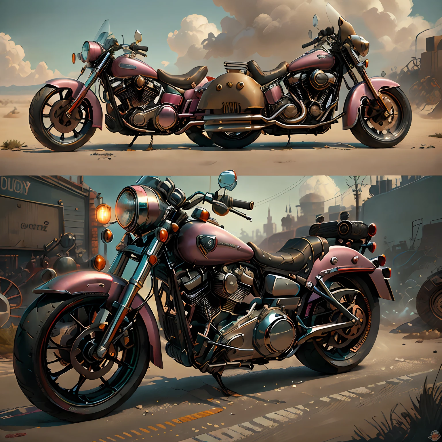 Harley-Davidson Electra Glide,(total view) ,Mad Max CogPunkAI ,Cores 64 k, (PINK,ROXOo ),4D ,route 66