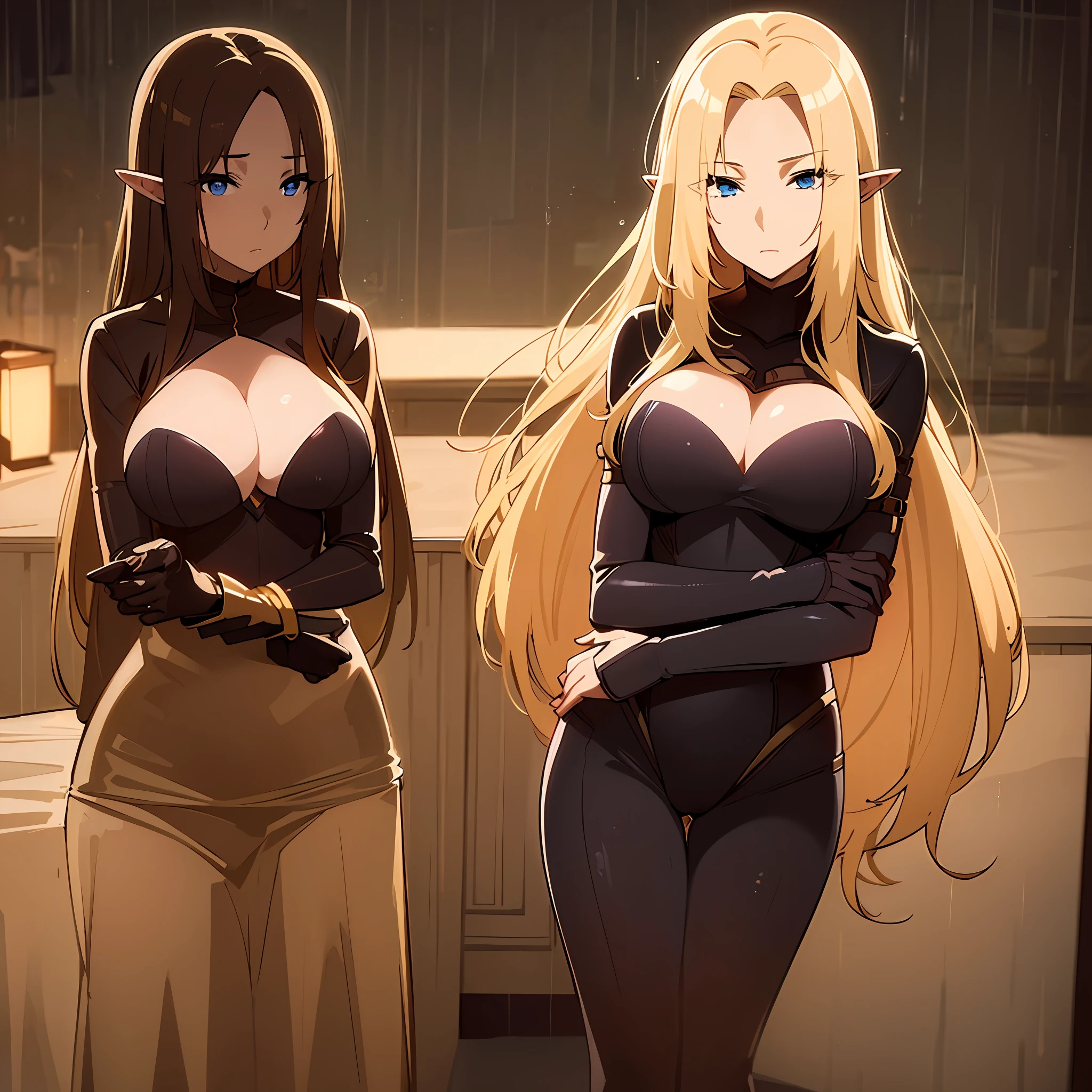 masterpiece, best quality, natural color, 1girl, blonde hair, blue eyes, bodysuit, breasts, cleavage, elf, long hair, looking at viewer, medium breasts, damp, wet, outdoors, city, ((((((dimly lit)))))), rain, wind,