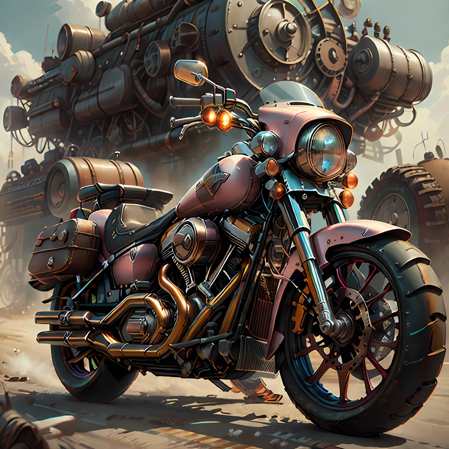 Harley-Davidson Electra Glide,(total view) ,Mad Max CogPunkAI ,Cores 64 k, (PINK,ROXOo ),4D ,route 66