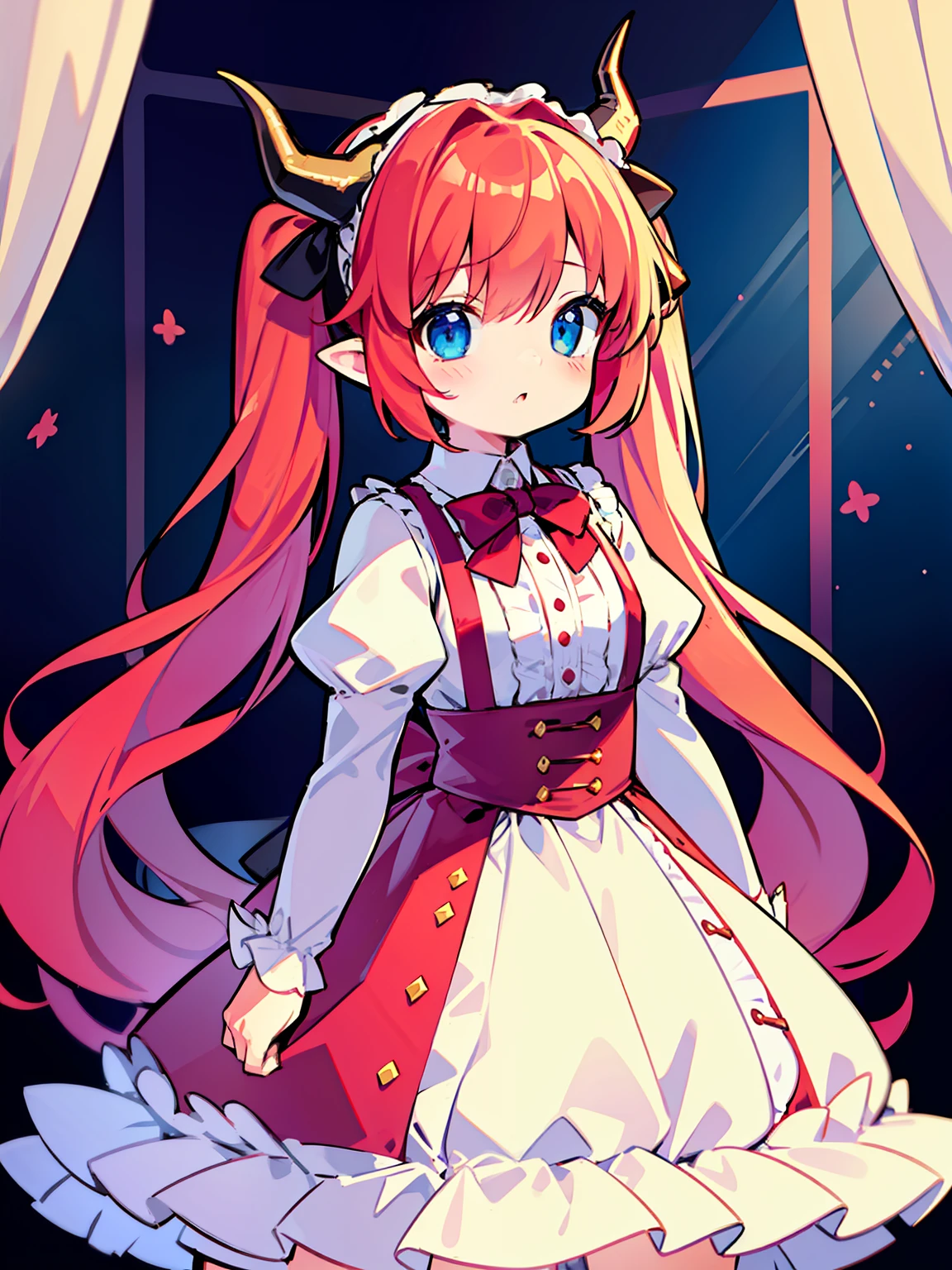 {{best quality}}, {{masterpiece}}, {{ultra-detailed}}, {illustration}, {detailed light}, red hair,blue eyes,twintails,ta,Suspenders skirt,Fantastic,lolio,Dragon horns,little gir