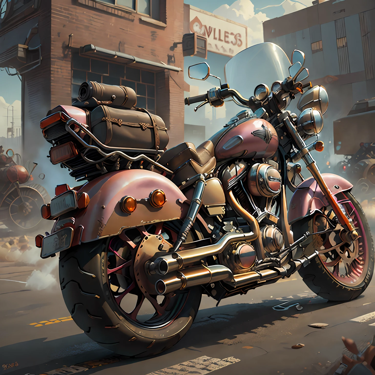 Harley-Davidson Electra Glide,(total view) ,Mad Max CogPunkAI ,Cores 64 k, (PINK,ROXOo ),4D ,route 66