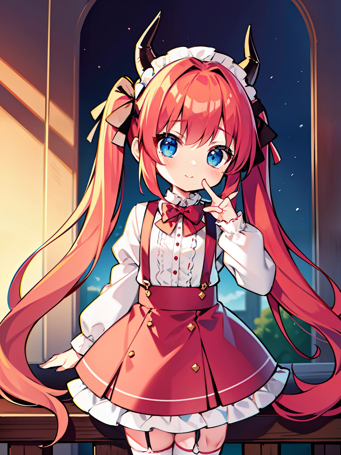 {{best quality}}, {{masterpiece}}, {{ultra-detailed}}, {illustration}, {detailed light}, red hair,blue eyes,twintails,lolita,Suspenders skirt,Fantastic,loli,solo,Dragon horns,little girl,long hair