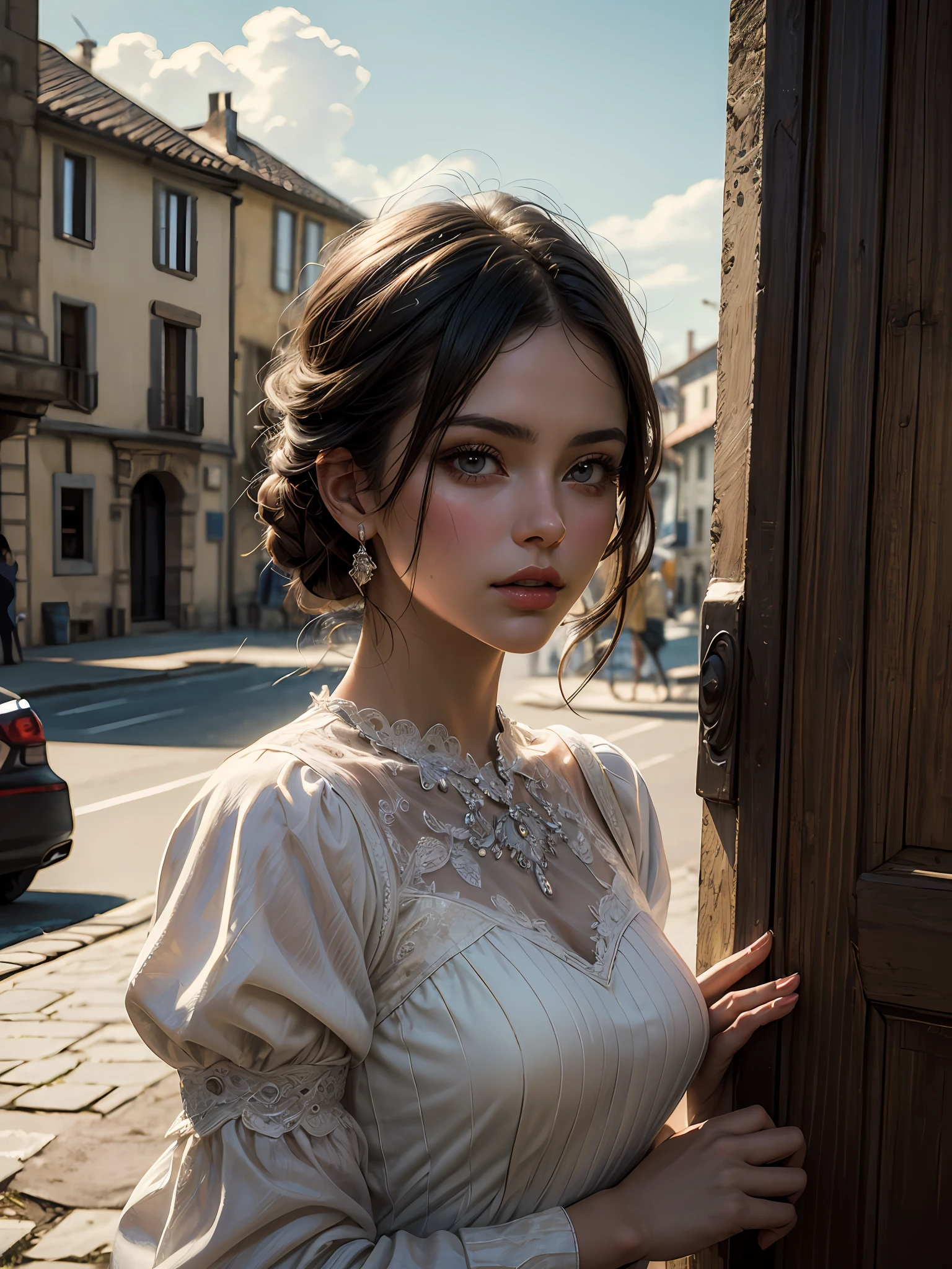 (masterpiece), (best quality), ((ultra-detailed)), (hyperrealistic), (highly detailed photo), cinematic lighting, photorealistic, extremely beautiful young lady in European countryside, intricate detailed white dress, shining, gloss, crisp, flirty, epic, focus, high contrast, artistic