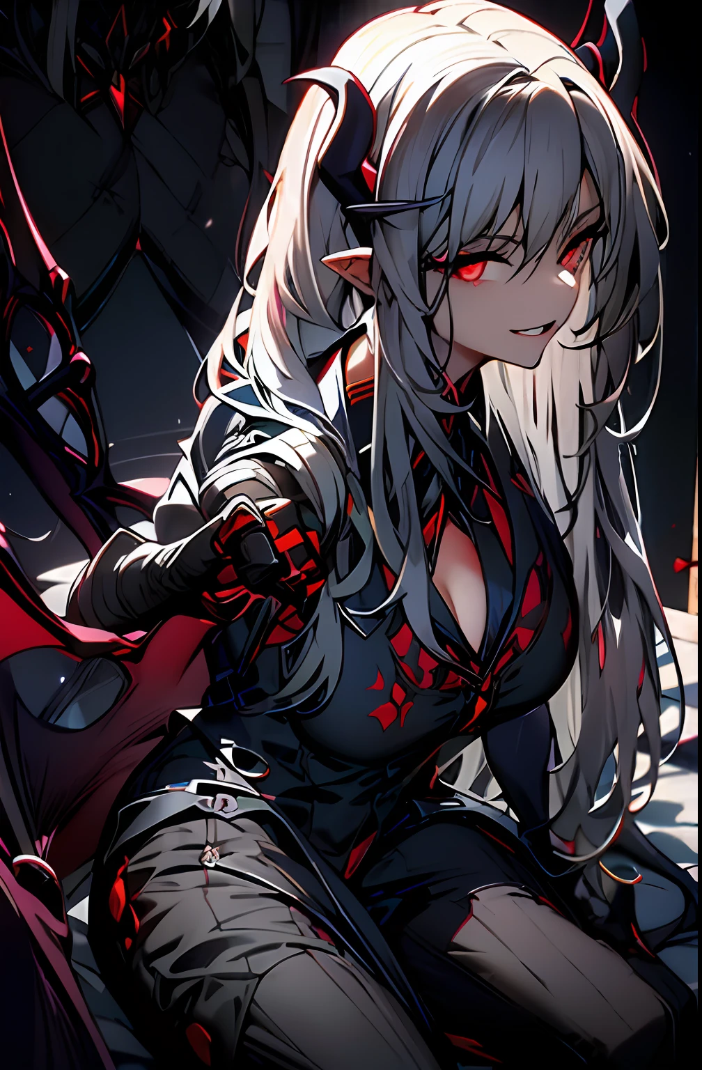 Anime loli sitting on bed with red eyes and long white hair，Smile，demon anime girl, Beautiful sexy succubus, Extremely detailed Artgerm, white-haired god,trending on artstation pixiv, A succubus in tight underwear, Erect ，beautiful elegant demon queen， dark elf princess, gigantic cleavage breasts，gigantic ass，huge tit！nakeness！