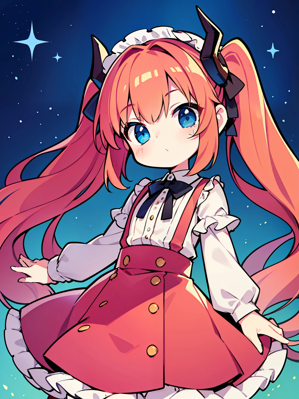 {{best quality}}, {{masterpiece}}, {{ultra-detailed}}, {illustration}, {detailed light}, red hair,blue eyes,twintails,ta,Suspenders skirt,Fantastic,lolio,Dragon horns,little gir