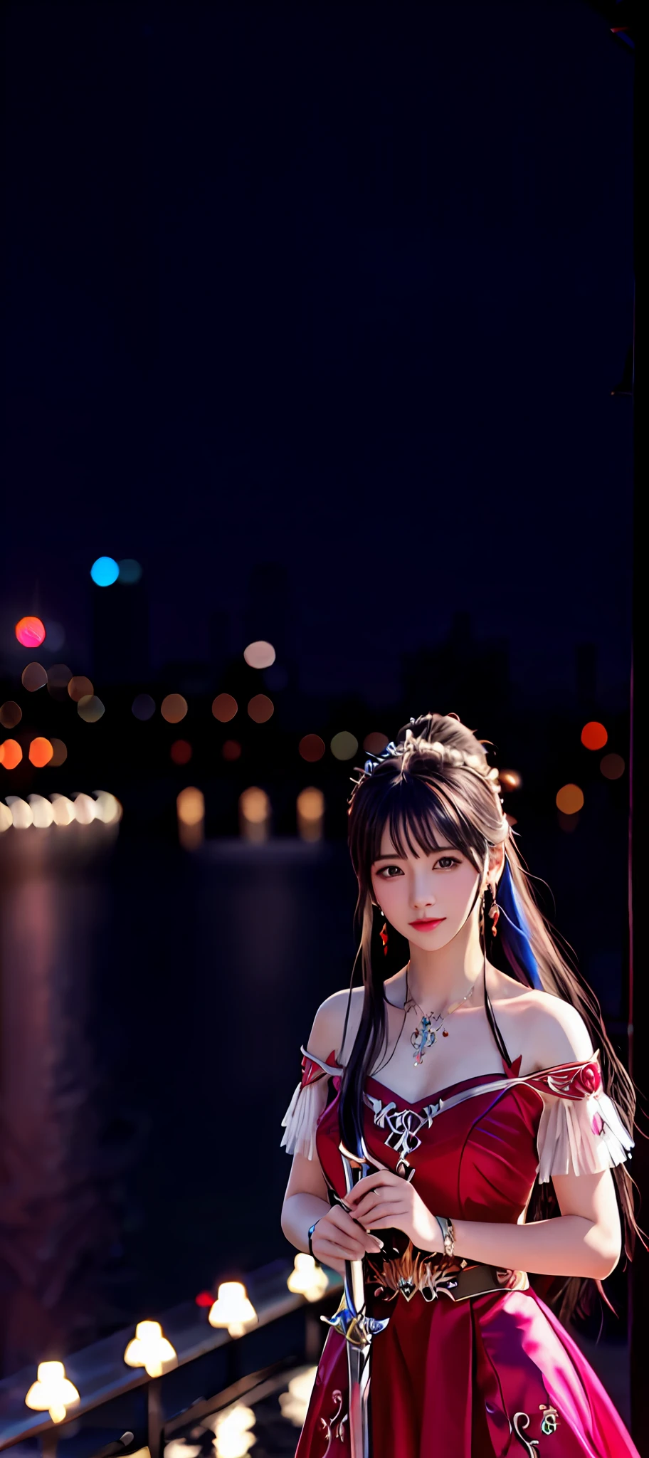 realisticity: 1.2), best quality, masterpiece, highres, super detail, ultra detail, cg, 1girl, weapon, sword, long hair, dress, water, solo, jewelry, red dress, earrings, hair ornament, splashing, upper body super realistis, hair bun, blue and pink hair, city backgraun realistis, lighting,candid, Photograph, high resolution, 8k, 10k, Bokeh,
