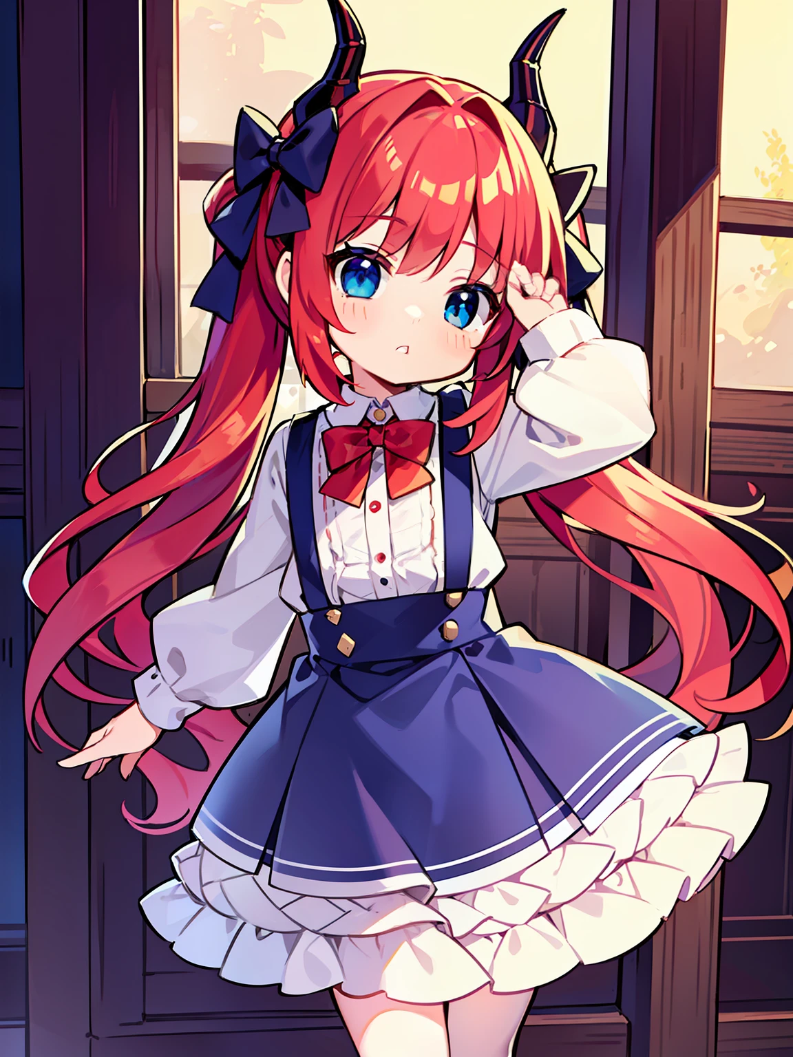 {{best quality}}, {{masterpiece}}, {{ultra-detailed}}, {illustration}, {detailed light}, red hair,blue eyes,twintails,lolita,Suspenders skirt,Fantastic,loli,solo,Dragon horns,little girl,long hair