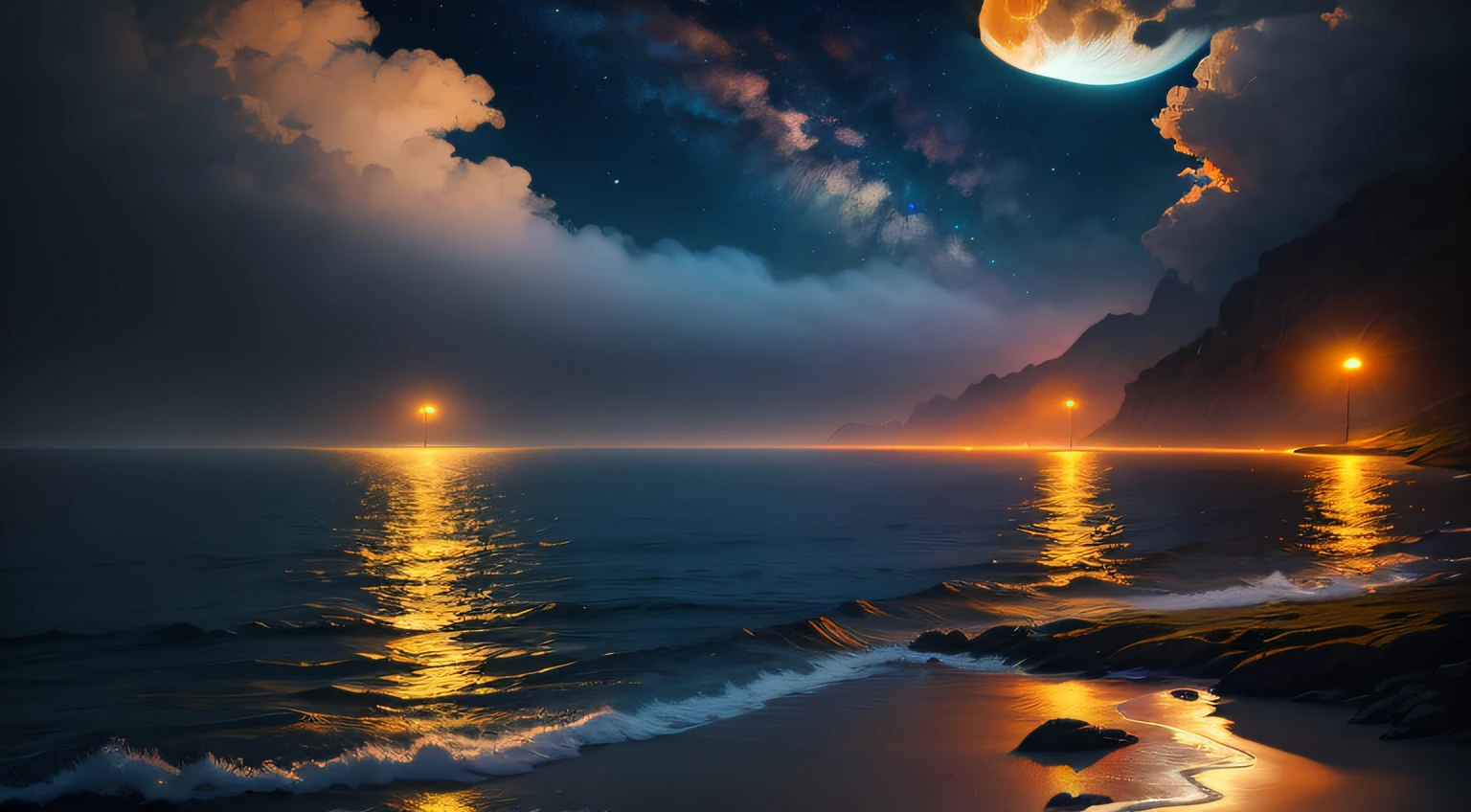 digitial painting),(best qualtiy),8K hyper-realism,the night,gulf,Shore,themoon,Heavy fog,peacefulatmosphere, Transverse,Dark tones
