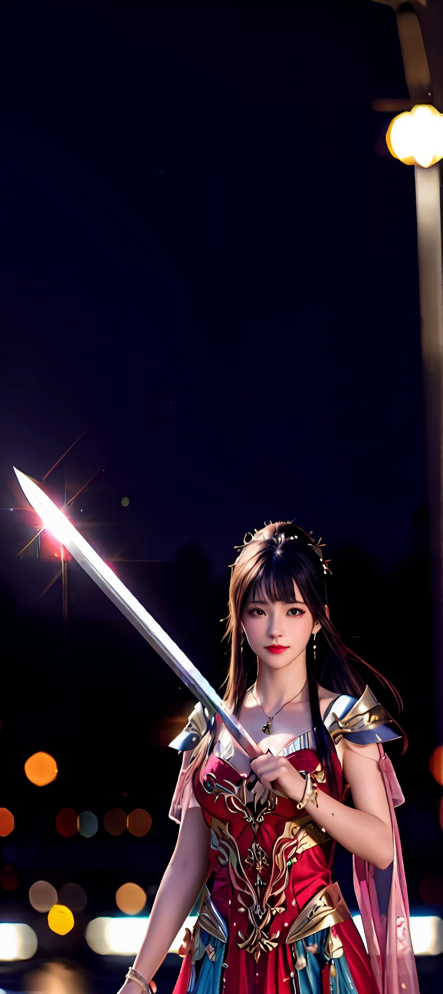 realisticity: 1.2), best quality, masterpiece, highres, super detail, ultra detail, cg, 1girl, weapon, sword, long hair, dress, water, solo, jewelry, red dress, earrings, hair ornament, splashing, upper body super realistis, hair bun, blue and pink hair, city backgraun realistis, lighting,candid, Photograph, high resolution, 8k, 10k, Bokeh,