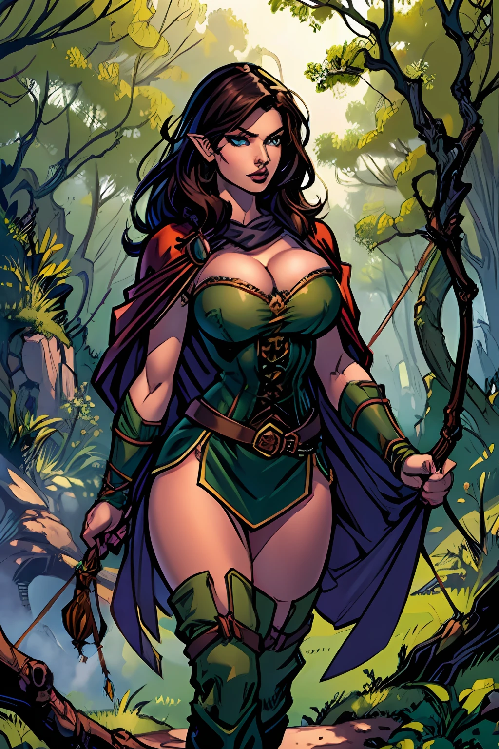 (masterpiece, top quality, best quality, official art, beautiful and aesthetic:1.2), (1girl:1.3), dark brown hair in a single braid, extremely detailed, portrait, looking at viewer, solo, (full body:0.6), detailed background, close up, cat eyes, (warm summer forest theme:1.1), busty (elf) ranger, elegant face, long face, charlatan, smirk, mysterious, walking in forest, revealing ranger attire, brown leather, cowl, cloak, corset, long boots, buckles, straps, pouches, bow and arrow, green fabric, brown leather, ((gigantic breasts, skindentation, cleavage)), slim waist, slim hips, long legs, medieval (forest exterior:1.1) background, dark mysterious lighting, shadows, magical atmosphere, dutch angle