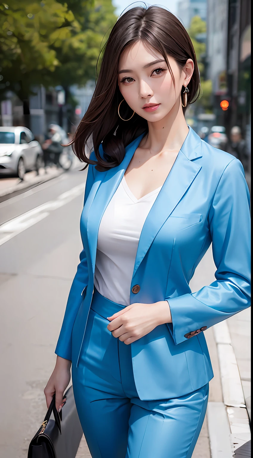 Asian mature woman,爆乳，A fashion model, Wearing a light blue V-neck suit,Wear pants on the lower body，Glamour, paparazzi taking pictures of her, Blonde hair, Brown eyes, 8K, High quality, Masterpiece, Best quality, HD, Extremely detailed, voluminetric lighting, Photorealistic