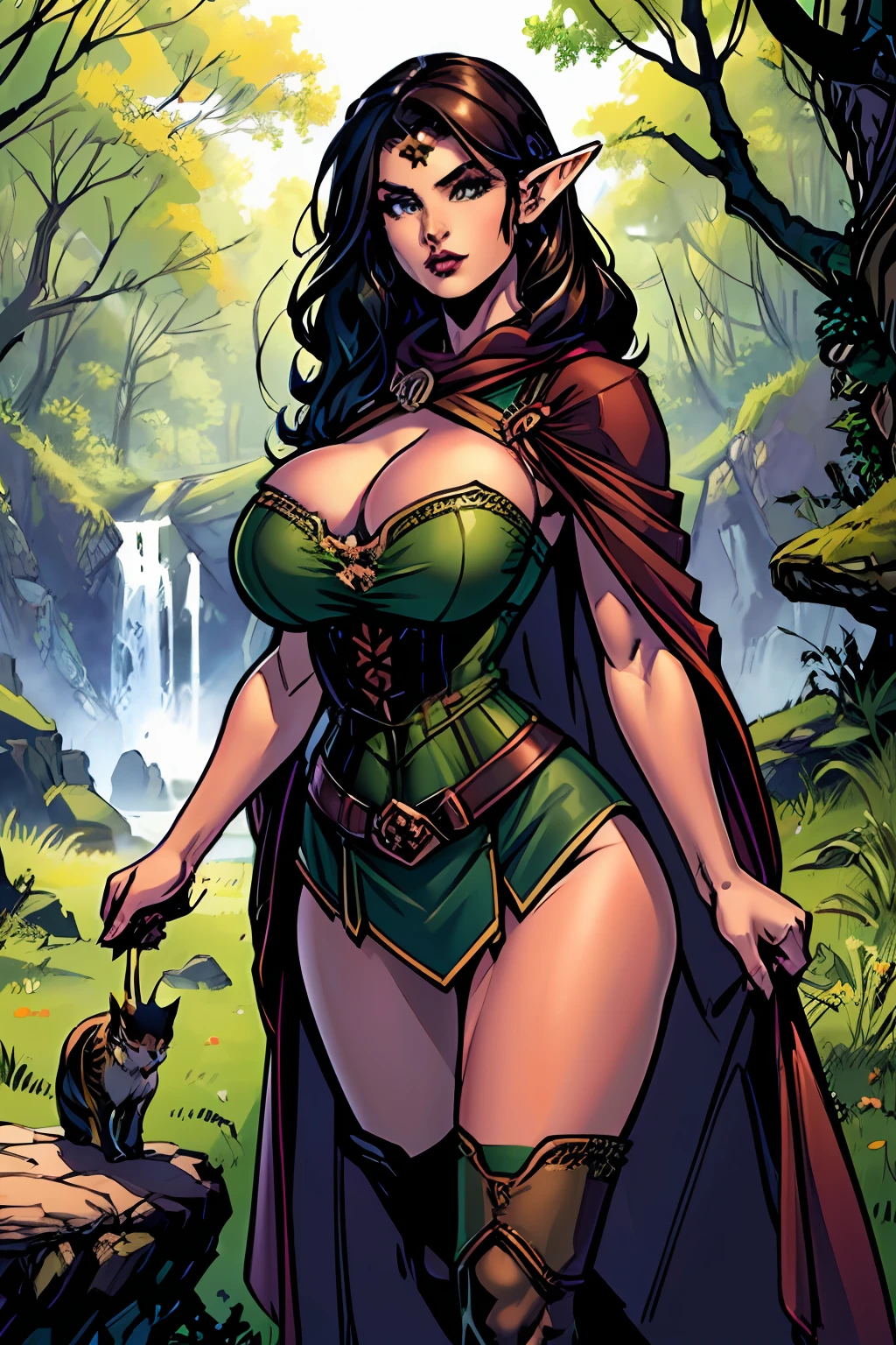 (masterpiece, top quality, best quality, official art, beautiful and aesthetic:1.2), (1girl:1.3), dark brown hair in a single braid, extremely detailed, portrait, looking at viewer, solo, (full body:0.6), detailed background, close up, cat eyes, (warm summer forest theme:1.1), busty (elf) ranger, elegant face, long face, charlatan, smirk, mysterious, walking in forest, revealing ranger attire, brown leather, cowl, cloak, corset, long boots, buckles, straps, pouches, bow and arrow, green fabric, brown leather, ((gigantic breasts, skindentation, cleavage)), slim waist, slim hips, long legs, medieval (forest exterior:1.1) background, dark mysterious lighting, shadows, magical atmosphere, dutch angle