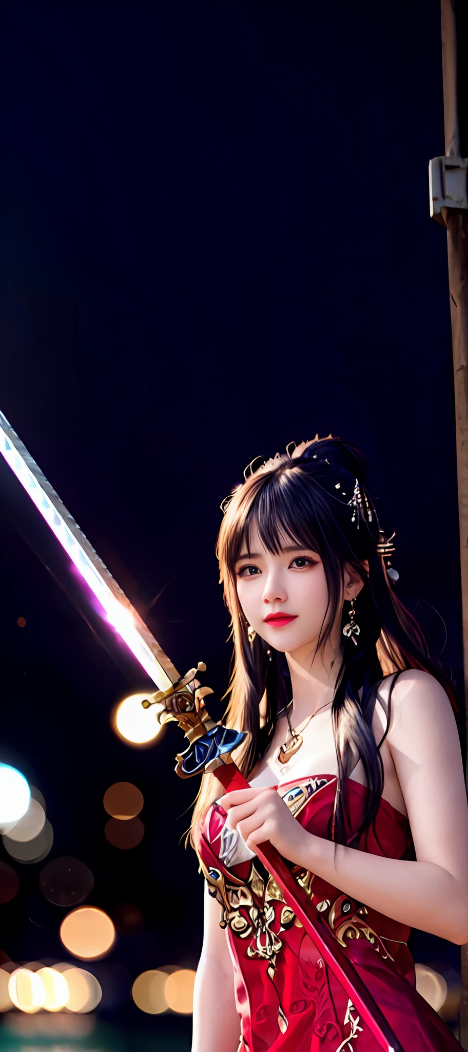 realisticity: 1.2), best quality, masterpiece, highres, super detail, ultra detail, cg, 1girl, weapon, sword, long hair, dress, water, solo, jewelry, red dress, earrings, hair ornament, splashing, upper body super realistis, hair bun, blue and pink hair, city backgraun realistis, lighting,candid, Photograph, high resolution, 8k, 10k, Bokeh,