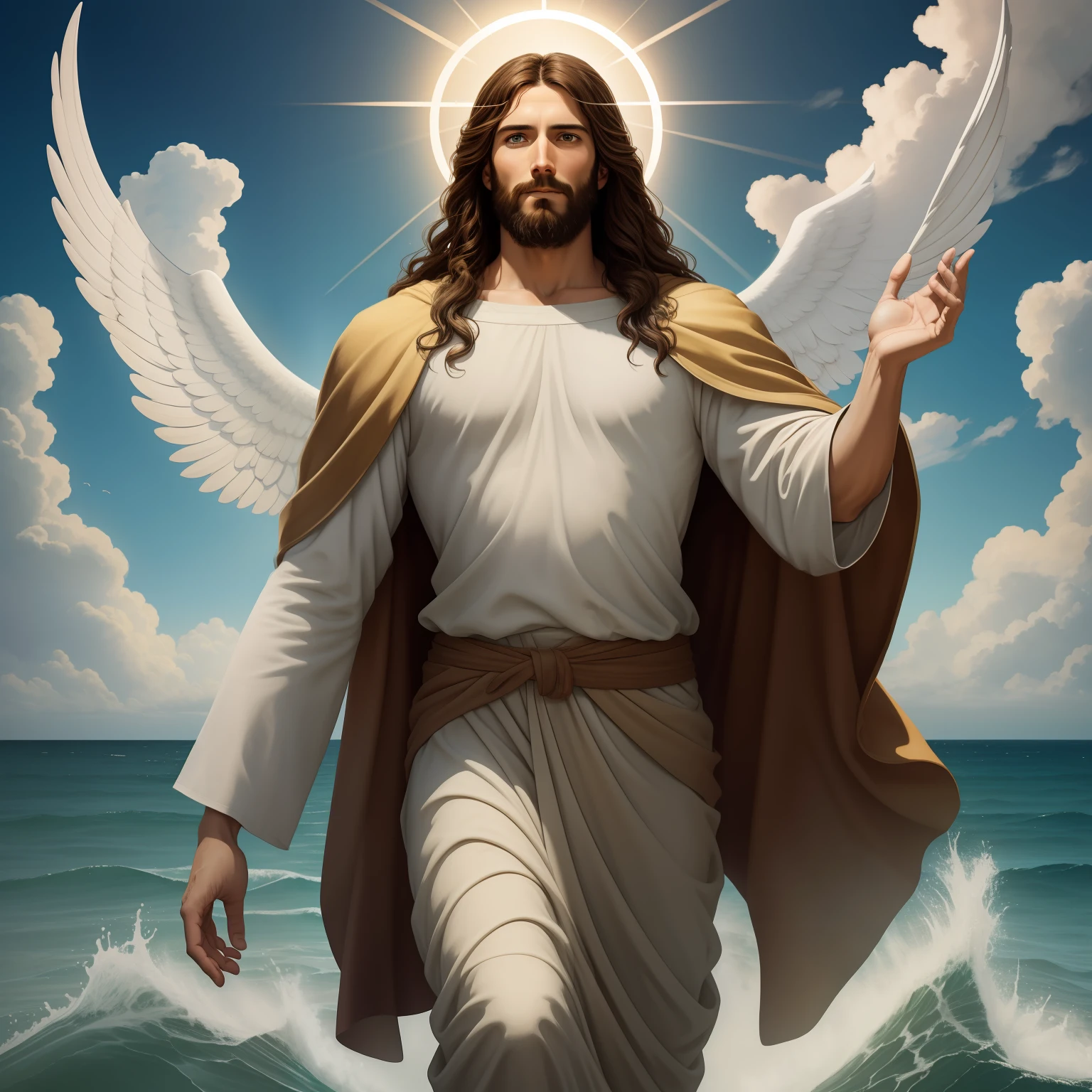 A beautiful ultra-thin realistic portrait of Jesus, the prophet, a man 35 years old Hebrew brunette, short brown hair, real perfect eyes, long brown beard, with, Helping People , wearing long linen tunic closed on the chest part, in front view, full body, biblical, realistic,by Diego Velázquez,Peter Paul Rubens,Rembrandt,Alex Ross,8k, Concept Art, PhotoRealistic, Realistic, Illustration, Oil Painting, Surrealism, HyperRealistic, healing people , Digital art, style, watercolorReal Jesus flying on sky with a flying cloud in the background, Jesus walking on water, biblical illustration, epic biblical representation, forcing him to flee, coming out of the ocean, ! holding in hand!, disembarking, god of the ocean, beautiful representation, 8k 3D Model, realistic,
a 3D Realistic of jesus with a halo up the sky, jesus christ, smiling in heaven, portrait of jesus christ, jesus face, 35 young almighty god, portrait of a heavenly god, greg olsen, gigachad jesus, jesus of nazareth, jesus, the face of god, god looking at me, he is greeting you warmly, he is happy, avatar image