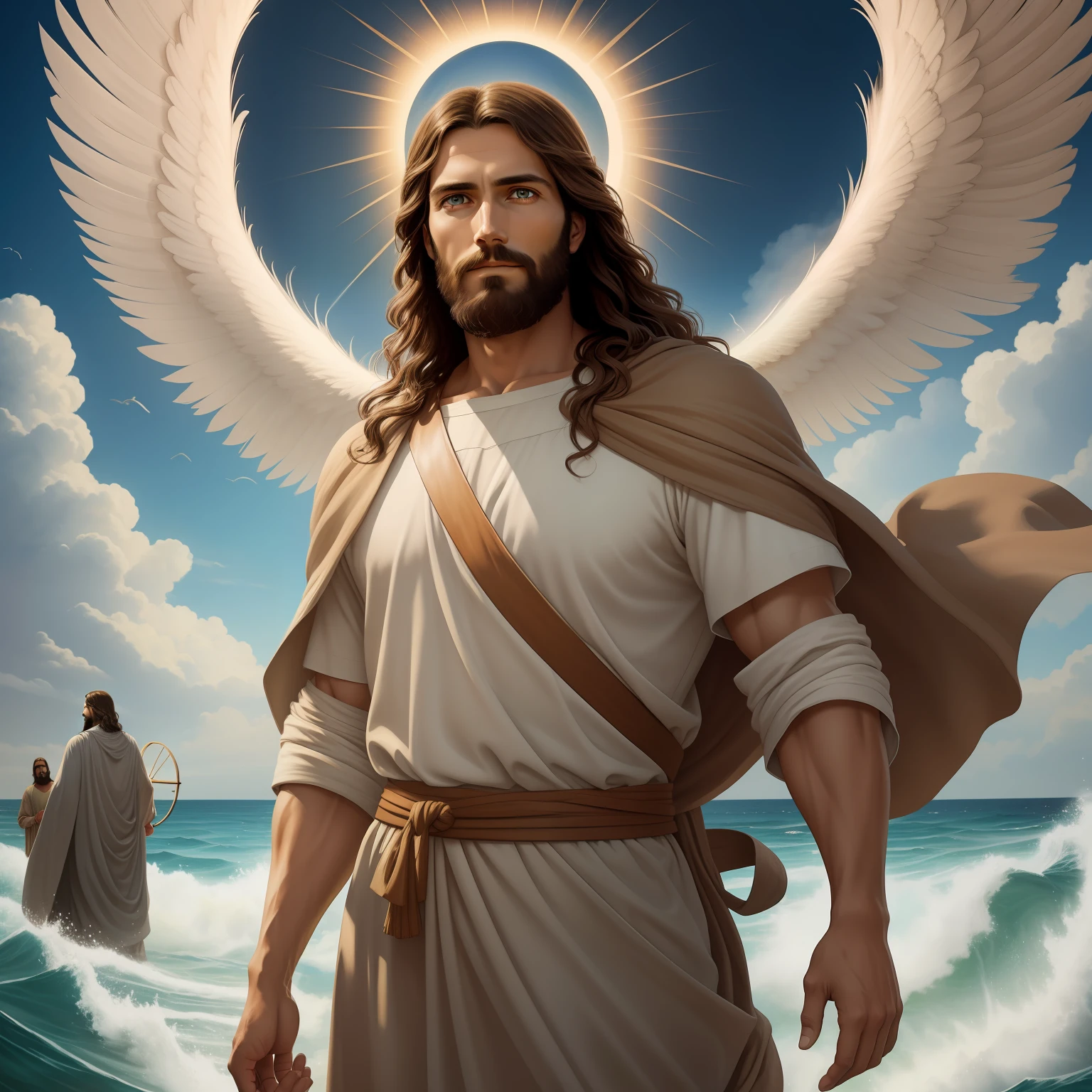 A beautiful ultra-thin realistic portrait of Jesus, the prophet, a man 35 years old Hebrew brunette, short brown hair, real perfect eyes, long brown beard, with, Helping People , wearing long linen tunic closed on the chest part, in front view, full body, biblical, realistic,by Diego Velázquez,Peter Paul Rubens,Rembrandt,Alex Ross,8k, Concept Art, PhotoRealistic, Realistic,  Illustration, Oil Painting, Surrealism, HyperRealistic, healing people , Digital art, style, watercolorReal Jesus flying on sky with a flying cloud in the background, Jesus walking on water, biblical illustration, epic biblical representation, forcing him to flee, coming out of the ocean, ! holding in hand!, disembarking, god of the ocean, beautiful representation, 8k 3D Model, realistic,
a 3D Realistic of jesus with a halo up the sky, jesus christ, smiling in heaven, portrait of jesus christ, jesus face, 35 young almighty god, portrait of a heavenly god, greg olsen, gigachad jesus, jesus of nazareth, jesus, the face of god, god looking at me, he is greeting you warmly, he is happy, avatar image
