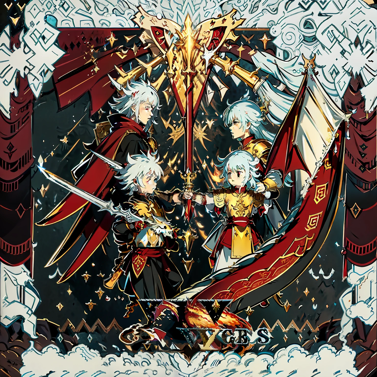 Wears silver plate armor，Strong dragon slayer warriors with many honors，Holding a crossed sword，It is carved with a golden thunder pattern made of delicate black iron，Fight against ferocious western dragons tens of meters tall。The dragon spreads its wings and flies，In the dark red cloud-filled air, It rushed towards the Dragon Slayer，Dragon Slayers sometimes make defensive moves，Meet the coming attack。