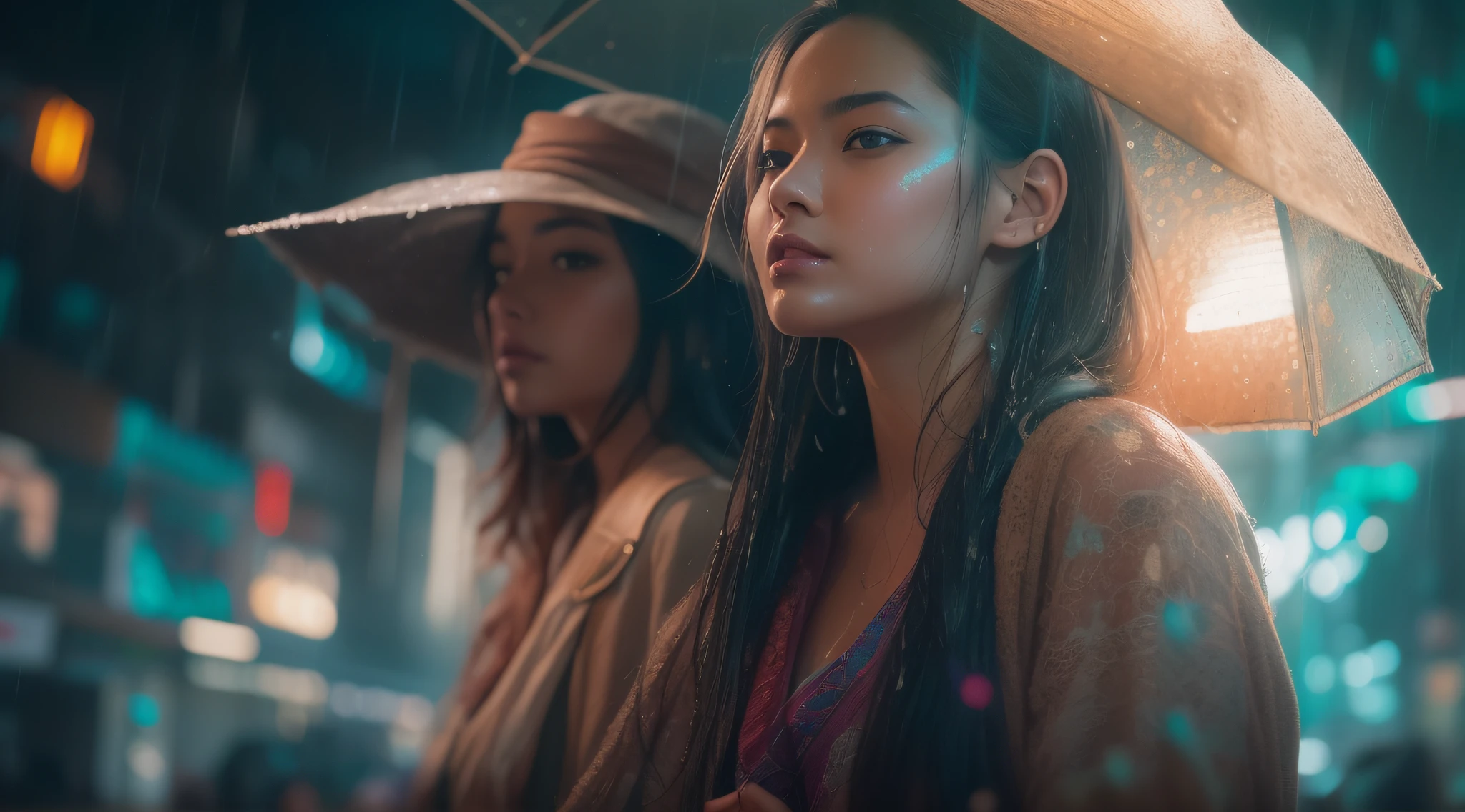 The amazing wet night city life, some women peoples in portrait looking at the camera, depht-of-field, (frontlighting:1.2), (fill light:0.9), (lens flare:1.2), realism, film grain, bokeh, (backlighting:0.75), bloom, chromatic aberration, high quality, water dripping off of clothes, flowing gossamer clothing, enchanting,artstation,smooth, sharp focus,art by ross tran and greg rutkowski and alphonse Mucha and Bak Karol, (digital painting:1.16), soft lighting, CGSociety,ArtStation,(__Hyperrealism:1.3),(__Photorealism:1.3),(Land Art:1.3),(CMYK Colors:0.5),naturalism,land Art,regionalism,shutterstock contest winner,trending on unsplash,featured on Flickr