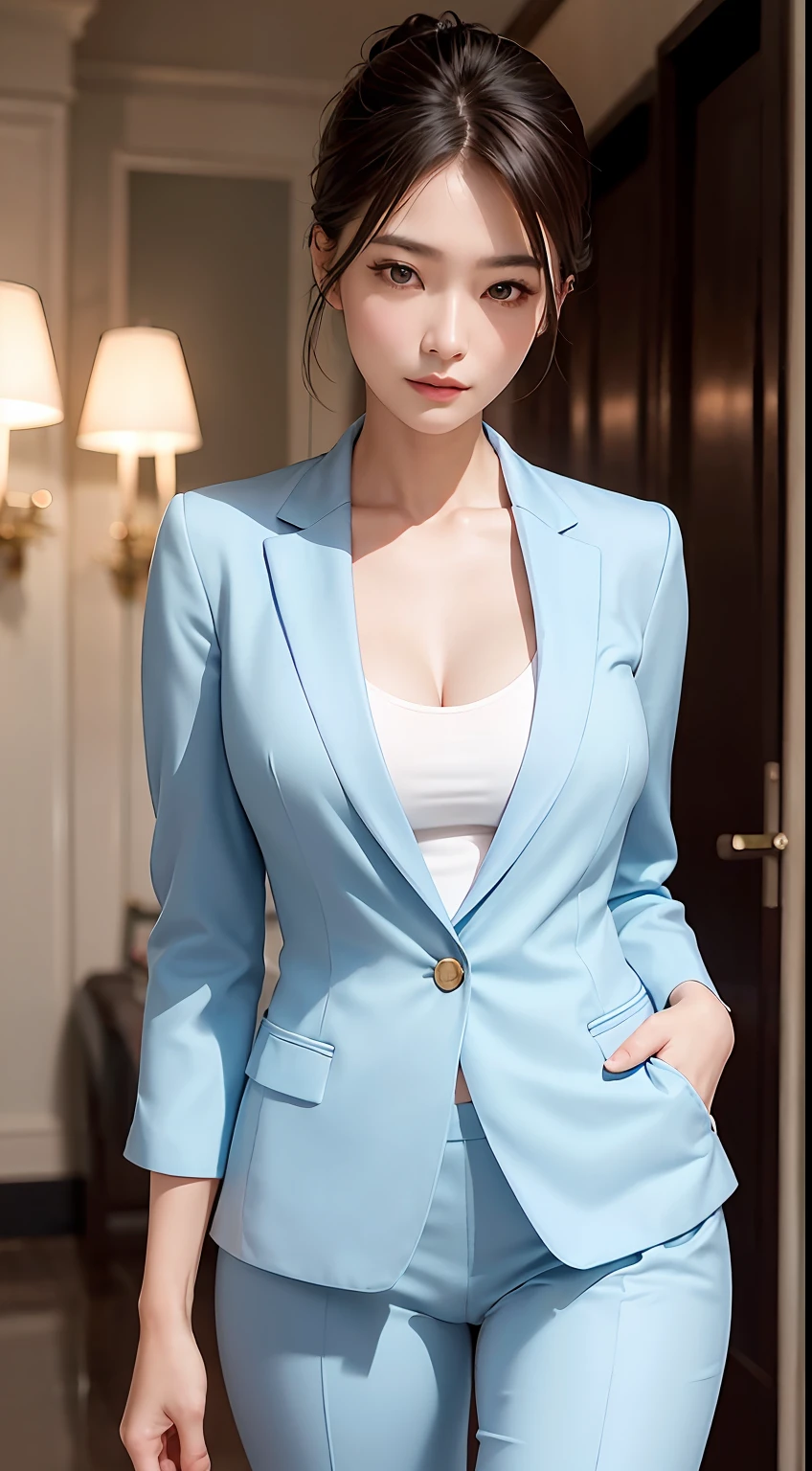 Asian mature woman,爆乳,A fashion model, Wearing a light blue V-neck suit,Wear pants on the lower body,Glamour, paparazzi taking pictures of her, Blonde hair, Brown eyes, 8K, High quality, Masterpiece, Best quality, HD, Extremely detailed, voluminetric lighting, Photorealistic