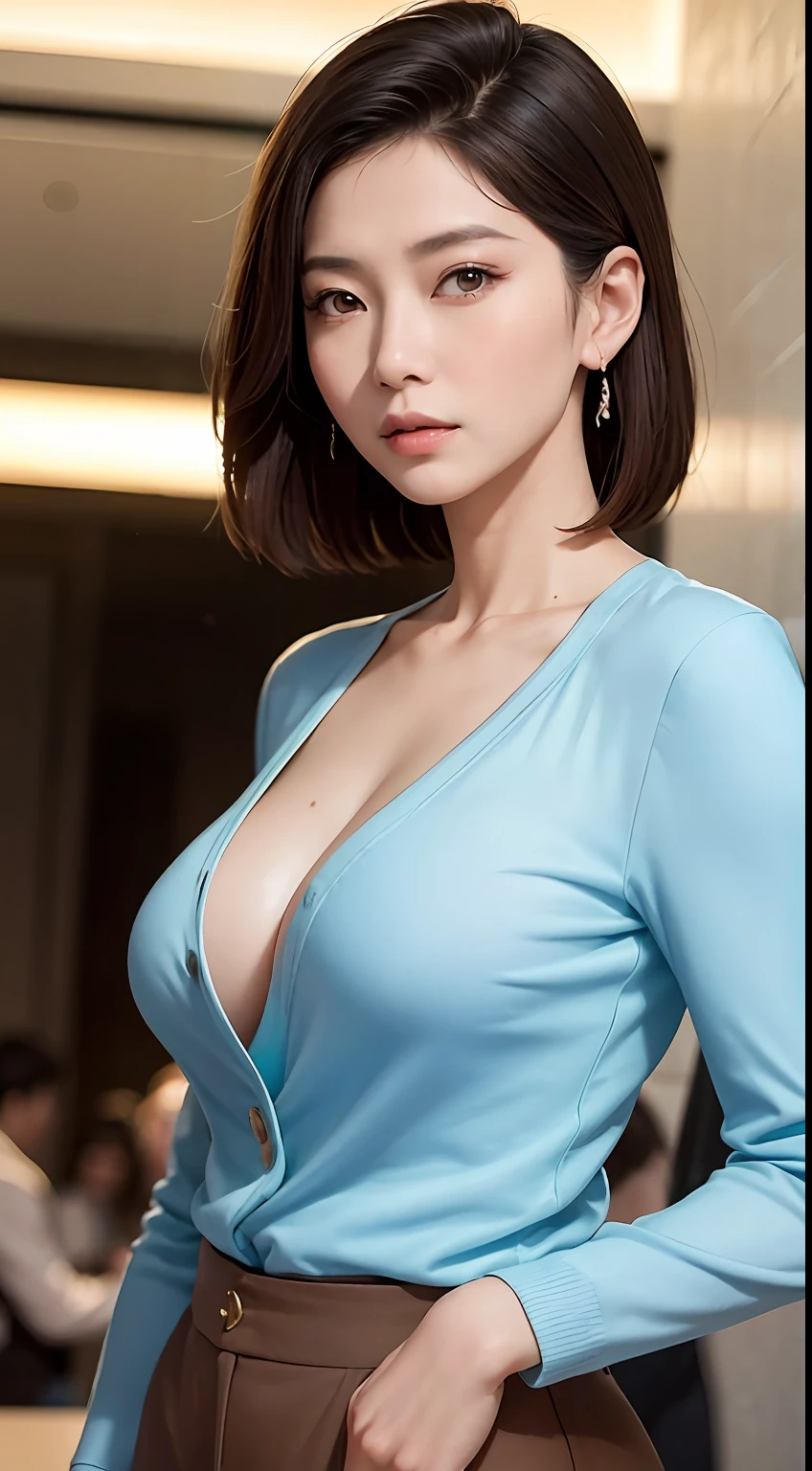 Asian mature woman,爆乳,A fashion model, Wearing a light blue V-neck suit,Wear pants on the lower body,Glamour, paparazzi taking pictures of her, Blonde hair, Brown eyes, 8K, High quality, Masterpiece, Best quality, HD, Extremely detailed, voluminetric lighting, Photorealistic