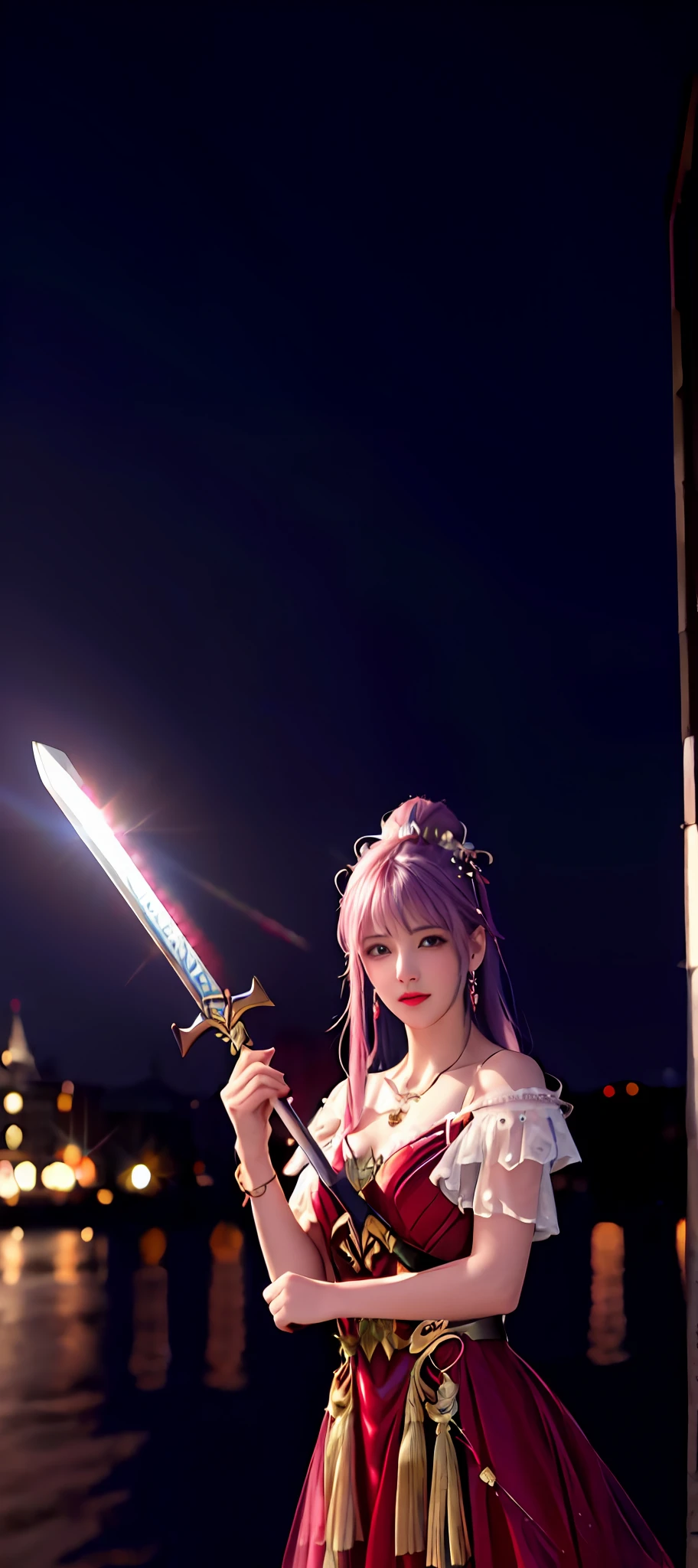 realisticity: 1.2), best quality, masterpiece, highres, super detail, ultra detail, cg, 1girl, weapon, sword, long hair, dress, water, solo, jewelry, red dress, earrings, hair ornament, splashing, upper body super realistis, hair bun, blue and pink hair, city backgraun realistis, lighting,candid, Photograph, high resolution, 8k, 10k, Bokeh,