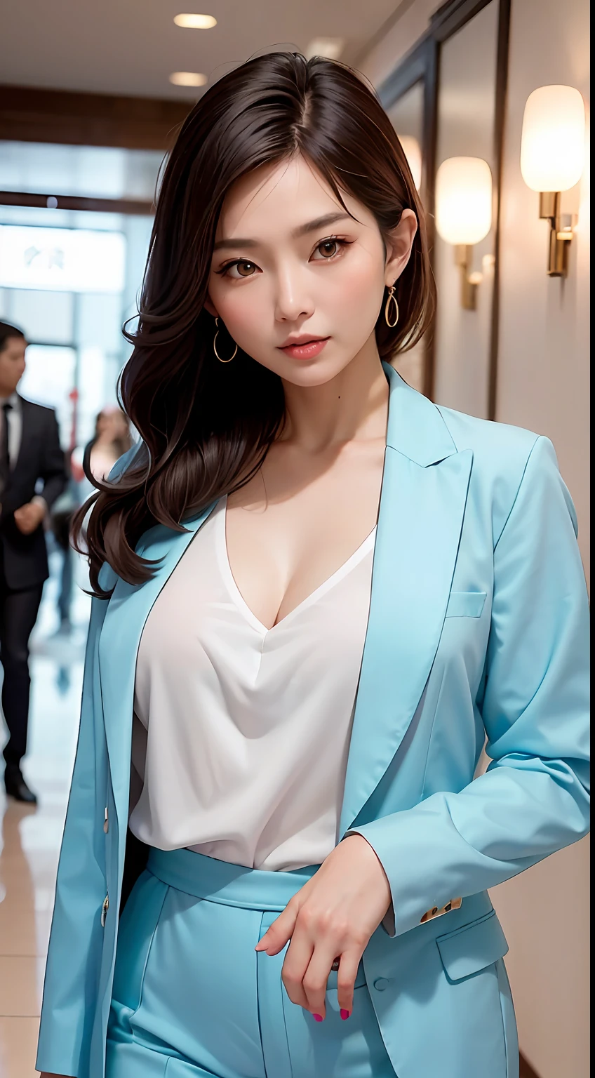 Asian mature woman,爆乳,A fashion model, Wearing a light blue V-neck suit,Wear pants on the lower body,Glamour, paparazzi taking pictures of her, Blonde hair, Brown eyes, 8K, High quality, Masterpiece, Best quality, HD, Extremely detailed, voluminetric lighting, Photorealistic