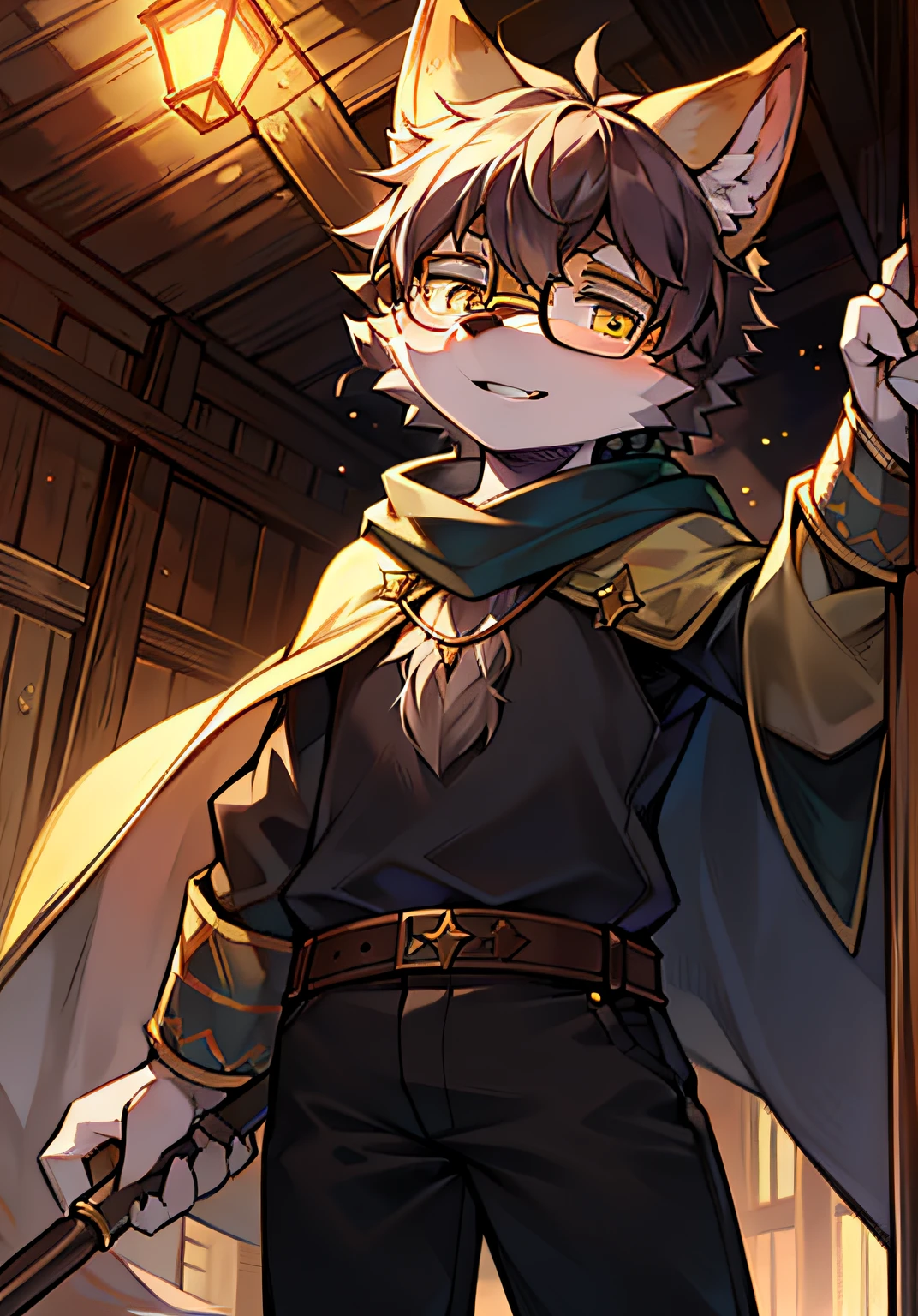 (ambiente dark:0.8),eyes with brightness, The upper part of the body, Character focus.(detailedbackground:0.7), adolable,furry men,Young age,The head is on the large side,shaggy male,Sunny and cheerful,wearing black rimmed glasses,cloaks,coyote,(canid,Shota,Normal standing posture)Stable and secure,Gray fur,Magic wand in hand,