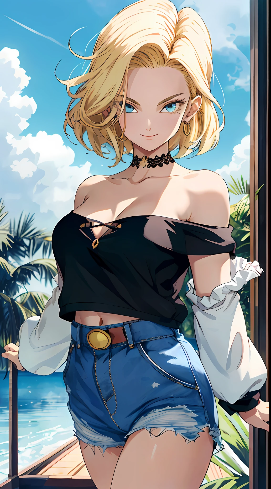 tmasterpiece， Best quality at best， ultra - detailed， absurderes， Portrait beautiful Android18DB， 独奏， 耳Nipple Ring， jewely， (Off-the-shoulder attire:1.5)，cleavage， upperbody closeup，ssmile， thongs， vests， ​​clouds， Skysky， daysies， exteriors，Denim super shorts，best qualtiy， tmasterpiece， intricately details， Tone-mapping， Sharp focus， ultra - detailed， Artstati is the trend，