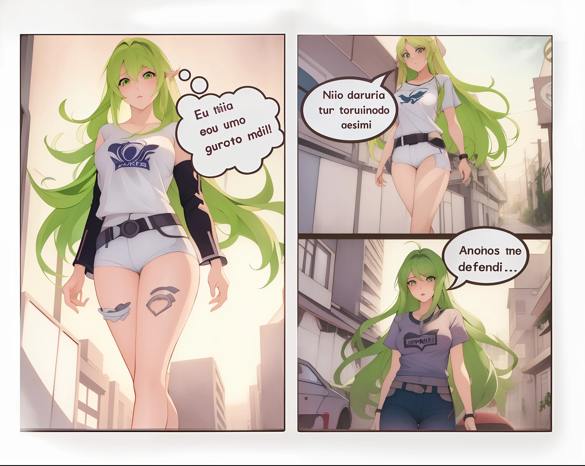 There are two pictures of a woman with blonde hair and a white shirt, arte em quadrinhos, Cushart Kenz, forest city streets behind her, comic book:.2 | Motor irreal:.3, comic book page, Estilo Ecchi, Palutena, estilo anime ecchi, Loli, lucio como uma mulher, Epic anime style, Waifu