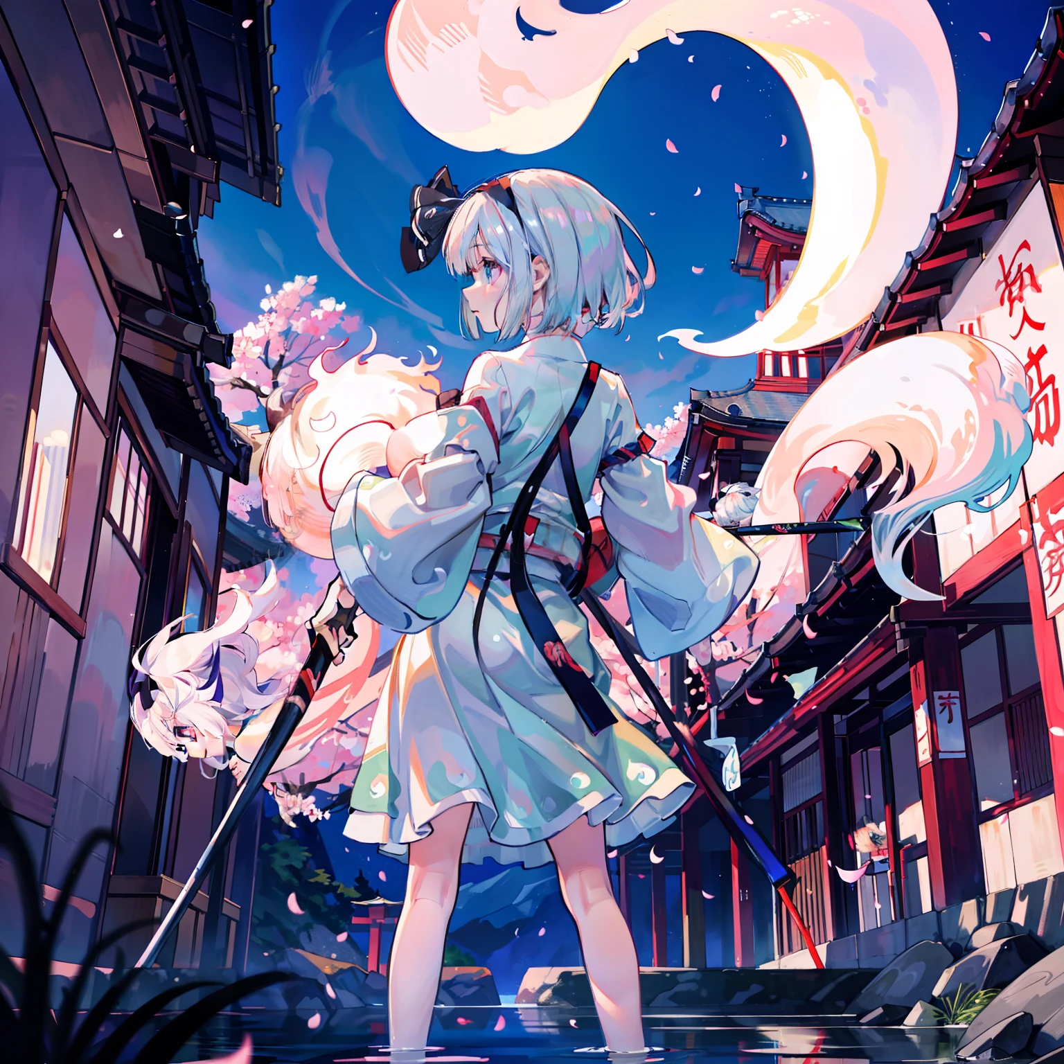 Illustration of Youmu Konpaku holding a Japanese sword, masterpiece, fine detail, 4k, 8k, 12k, solo, one person, beautiful girl, Caucasian female, Youmu Konpaku, Youmu Konpaku from behind, standing on water, cherry blossom petals on the ground, hell , lanterns, cherry blossom petals, purple sky