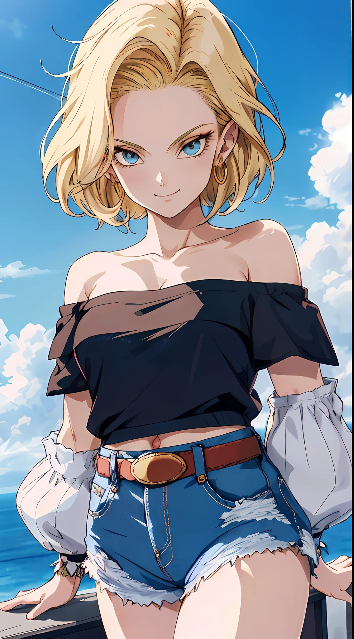 tmasterpiece， Best quality at best， ultra - detailed， absurderes， Portrait beautiful Android18DB， 独奏， 耳Nipple Ring， jewely， (Off-the-shoulder attire:1.5)，cleavage， upperbody closeup，ssmile， thongs， vests， ​​clouds， Skysky， daysies， exteriors，Denim super shorts，best qualtiy， tmasterpiece， intricately details， Tone-mapping， Sharp focus， ultra - detailed， Artstati is the trend，