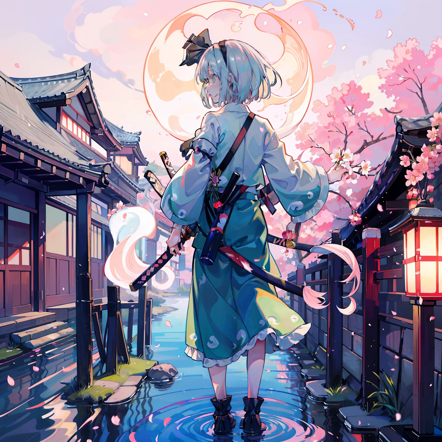 Illustration of Youmu Konpaku holding a Japanese sword, masterpiece, fine detail, 4k, 8k, 12k, solo, one person, beautiful girl, Caucasian female, Youmu Konpaku, Youmu Konpaku from behind, standing on water, cherry blossom petals on the ground, hell , lanterns, cherry blossom petals, purple sky