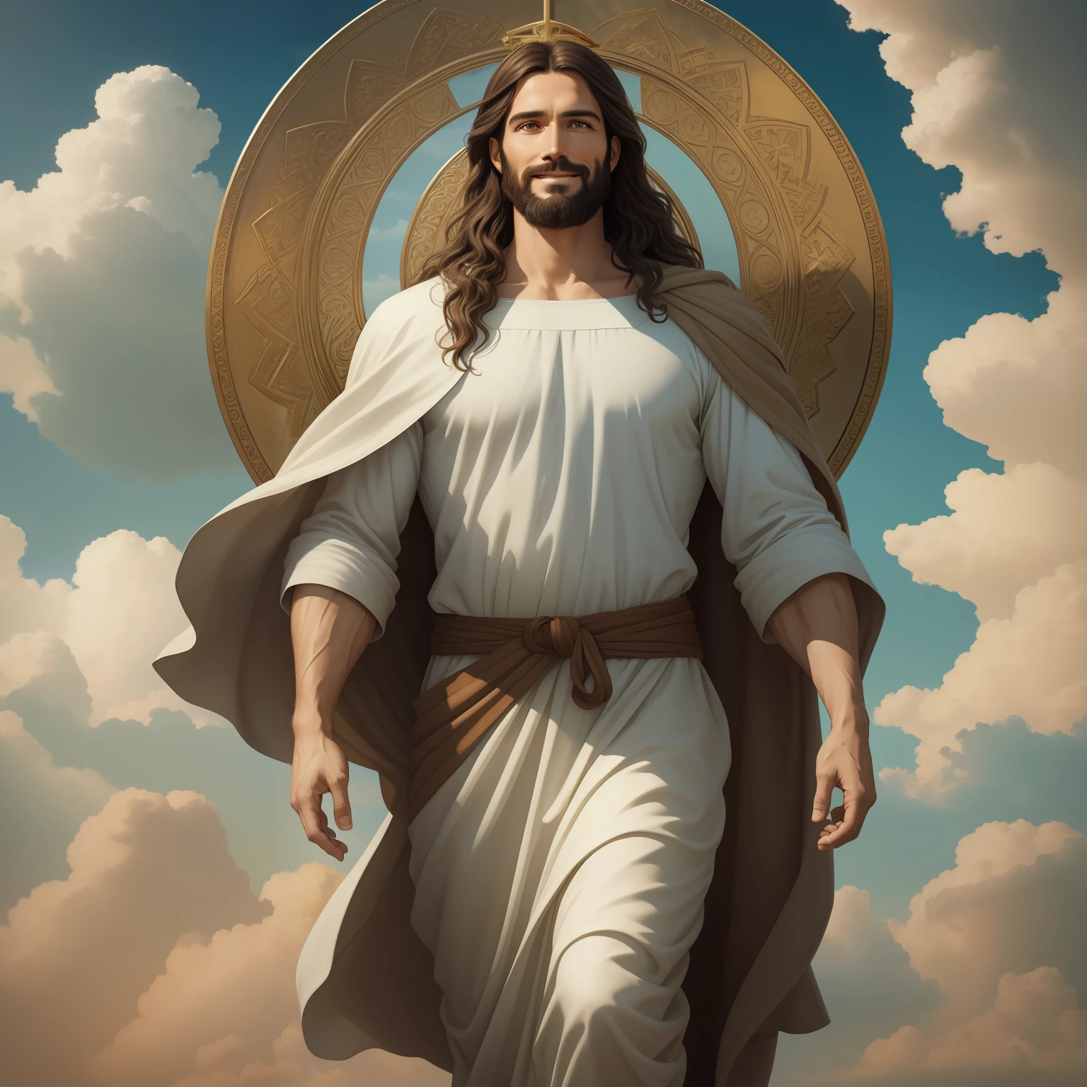 A handsome Jesus christ ( jesus) blessing to the sky ( smiling) 35 years old with a long brown hair and long beard, heaven blessings light with a cross background) happy face, realistic 8k,A beautiful ultra-thin realistic portrait of Jesus, the prophet, a man 35 years old Hebrew brunette, short brown hair, real perfect eyes, long brown beard, with, Helping People , wearing long linen tunic closed on the chest part, in front view, full body, biblical, realistic,by Diego Velázquez,Peter Paul Rubens,Rembrandt,Alex Ross,8k, Concept Art, PhotoRealistic, Realistic, Illustration, Oil Painting, Surrealism, HyperRealistic, helping people , Digital art, style, watercolorReal Jesus flying on sky with a flying cloud in the background, Jesus walking on water, biblical illustration, epic biblical representation, forcing him to flee, coming out of the ocean, ! holding in hand!, disembarking, god of the ocean, beautiful representation, 8k 3D Model, realistic,
a 3D Realistic of jesus with a halo in the sky, jesus christ, smiling in heaven, portrait of jesus christ, jesus face, 35 young almighty god, portrait of a heavenly god, greg olsen, gigachad jesus, jesus of nazareth, jesus, the face of god, god looking at me, he is greeting you warmly, he is happy, avatar image