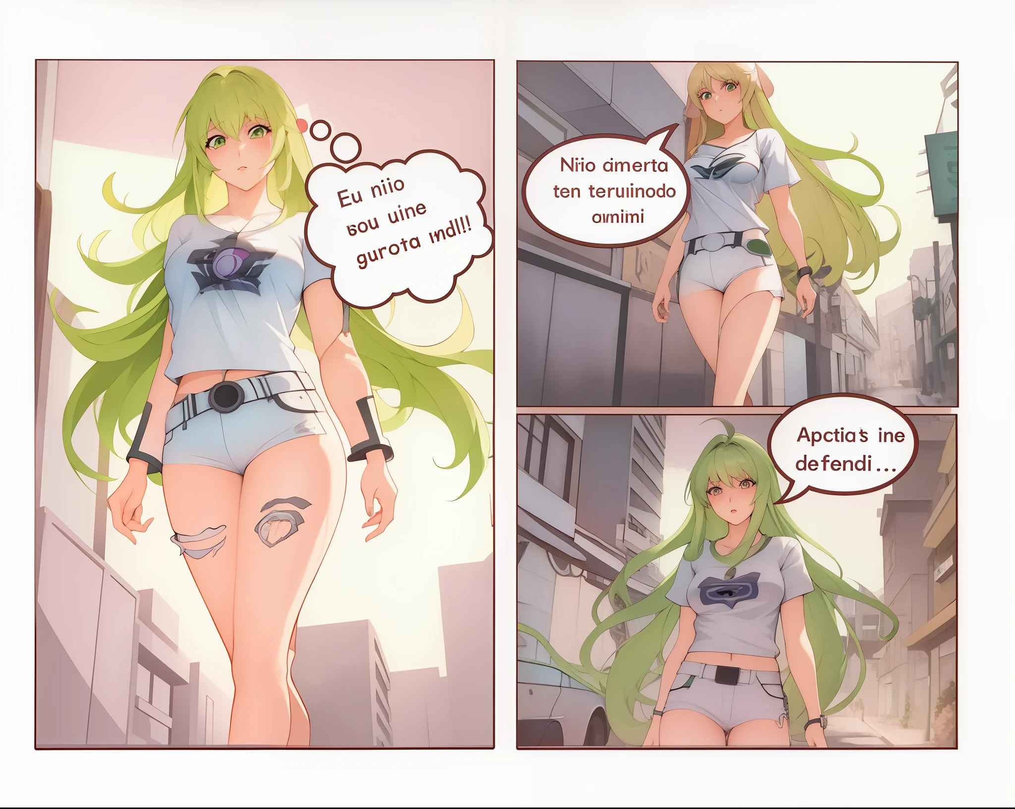 There are two pictures of a woman with blonde hair and a white shirt, arte em quadrinhos, Cushart Kenz, forest city streets behind her, comic book:.2 | Motor irreal:.3, comic book page, Estilo Ecchi, Palutena, estilo anime ecchi, Loli, lucio como uma mulher, Epic anime style, Waifu