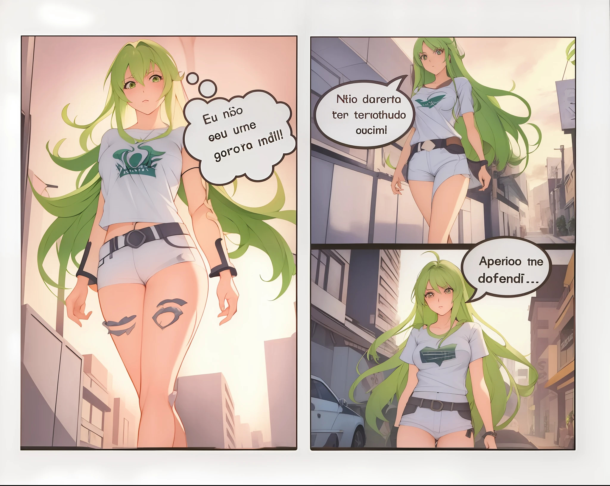 There are two pictures of a woman with blonde hair and a white shirt, arte em quadrinhos, Cushart Kenz, forest city streets behind her, comic book:.2 | Motor irreal:.3, comic book page, Estilo Ecchi, Palutena, estilo anime ecchi, Loli, lucio como uma mulher, Epic anime style, Waifu