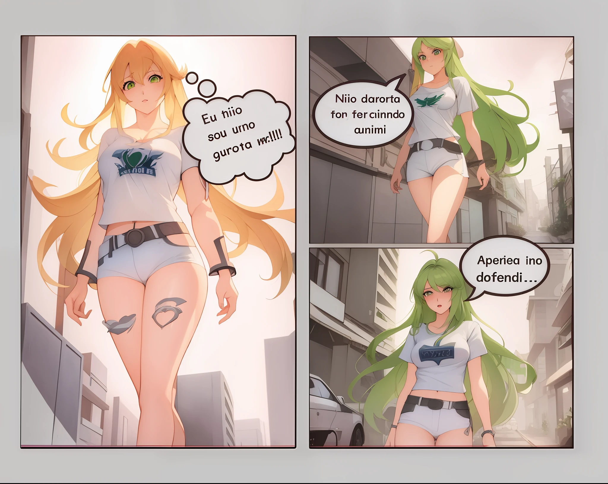 There are two pictures of a woman with blonde hair and a white shirt, arte em quadrinhos, Cushart Kenz, forest city streets behind her, comic book:.2 | Motor irreal:.3, comic book page, Estilo Ecchi, Palutena, estilo anime ecchi, Loli, lucio como uma mulher, Epic anime style, Waifu