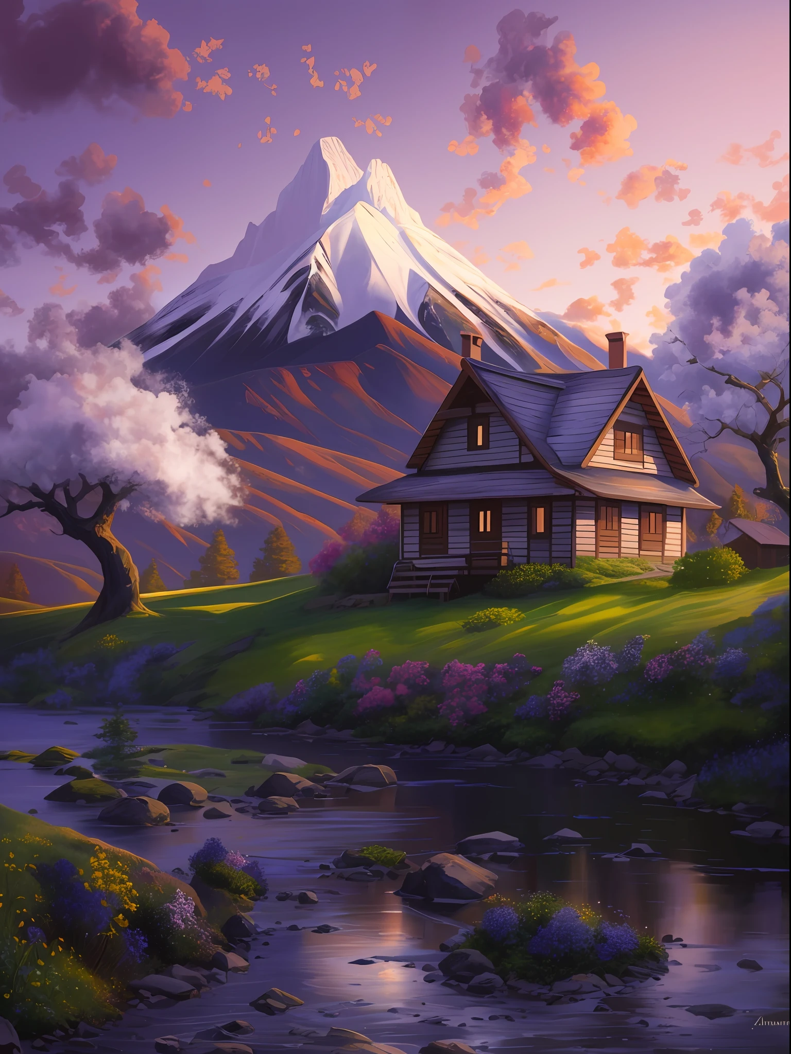 Painting of a house in a field with a mountain in the background, Arte digital 4K altamente detallado, Hermosa obra de arte digital, Hermosa pintura digital, Arte digital detallado 4K, Pintura digital mate, Arte conceptual de pintura digital, Pintura digital mate 4K HD, Pintura digital muy detallada, Pintura digital 4K, Pintura digital 4K, Impresionante pintura digital, gorgeous digital painting