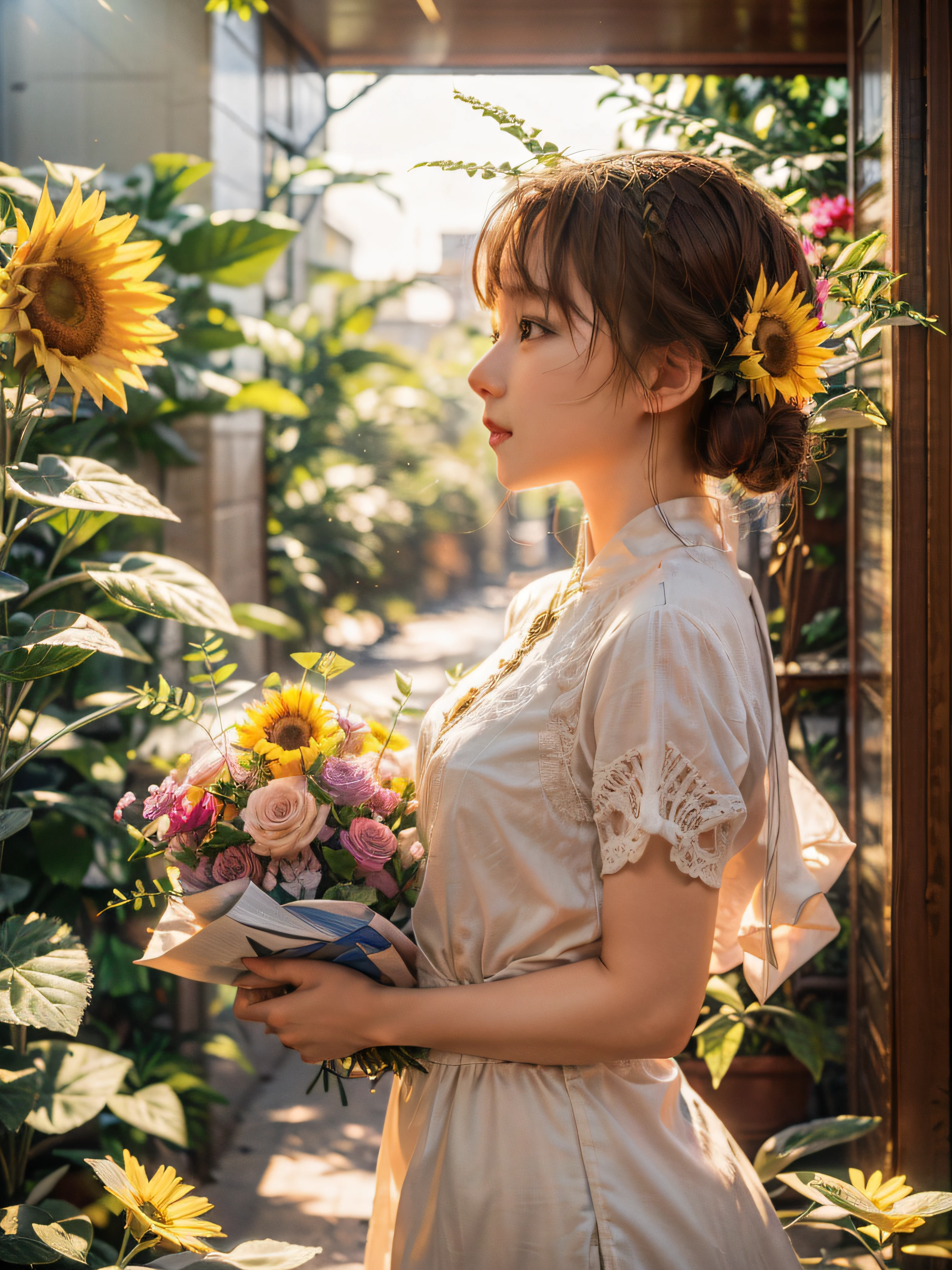 from side view、Girl in a vast sunflower plantation in a white dress、looks cheerful and happy、At sunset、Golden sunlight shining on hair floating in the wind。(​masterpiece、realisitic、top-quality):1.4、Delicate Photos、intricate detailes、Ray traching、High Resolution CG、The ultra-detailliert、8k wallpaper、Unity、art  stations、Digital SLR、highres photograph、Best Shadow、ciinematic light