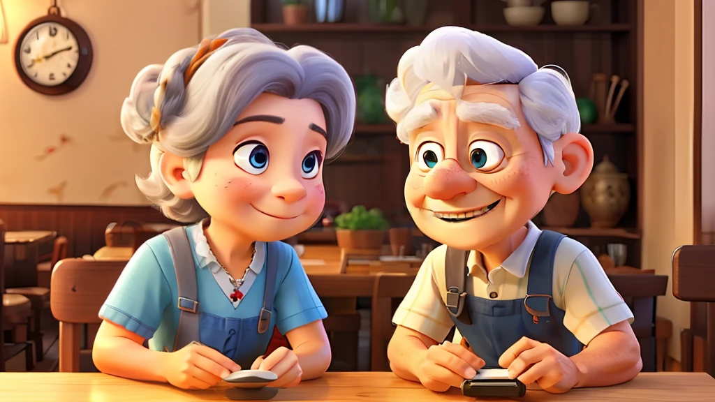 Top image quality、1Grandma and 1 Grandpa、Looking at your smartphone、Restaurant background