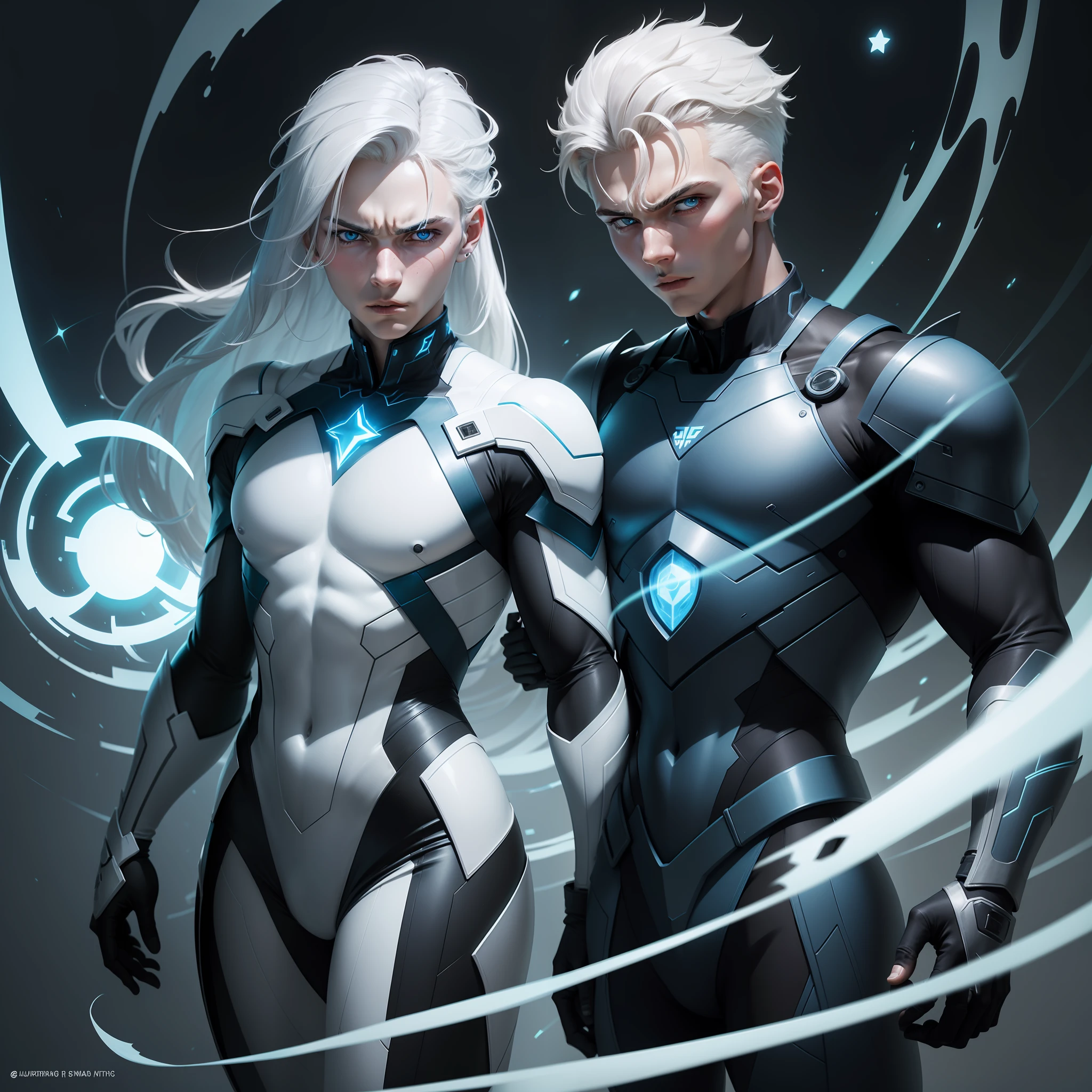 Young man looking to the left at a downward angle with a serious face, his skin is pale and smooth, her has blue glowing eyes with a star shaped pupils, he has a sharp jawline and his hair is white with blue and wild with blue electrical arcs jumping through it