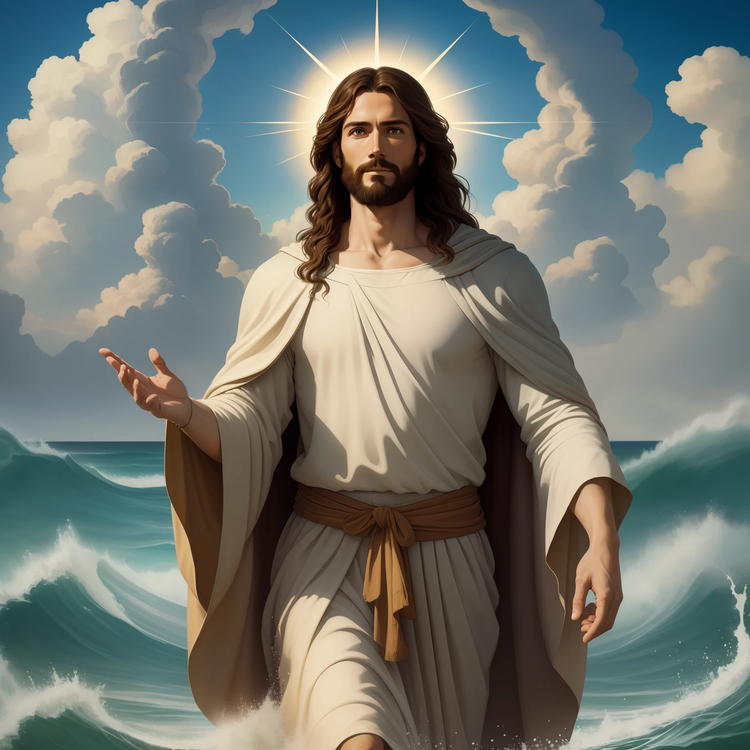 A beautiful ultra-thin realistic portrait of Jesus, the prophet, a man 35 years old Hebrew brunette, short brown hair, real perfect eyes, long brown beard, with, Helping People , wearing long linen tunic closed on the chest part, in front view, full body, biblical, realistic,by Diego Velázquez,Peter Paul Rubens,Rembrandt,Alex Ross,8k, Concept Art, PhotoRealistic, Realistic,  Illustration, Oil Painting, Surrealism, HyperRealistic, helping people , Digital art, style, watercolorReal Jesus flying on sky with a flying cloud in the background, Jesus walking on water, biblical illustration, epic biblical representation, forcing him to flee, coming out of the ocean, ! holding in hand!, disembarking, god of the ocean, beautiful representation, 8k 3D Model, realistic,
a 3D Realistic of jesus with a halo in the sky, jesus christ, smiling in heaven, portrait of jesus christ, jesus face, 35 young almighty god, portrait of a heavenly god, greg olsen, gigachad jesus, jesus of nazareth, jesus, the face of god, god looking at me, he is greeting you warmly, he is happy, avatar image