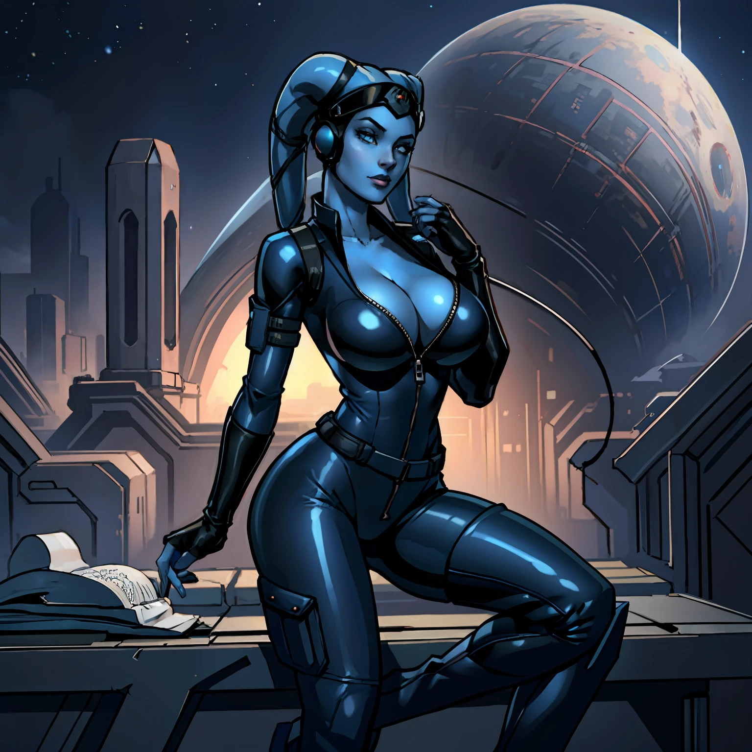 (masterpiece:1.2, best quality:1.2, beautiful, high quality, highres:1.1, aesthetic), detailed, extremely detailed, ambient soft lighting, 4K, perfect eyes, perfect face, perfect lighting, 1girl, (((blue skin)), twi'lek), (wearing black leather jumpsuit, flight suit, unzipped, utility belt, fingerless gloves, rolled sleeves, long boots, ((busty), slender body, thin, slim sexy body, slim waist, (((huge breasts), big cleavage))), Imperial starship, Star Wars,
