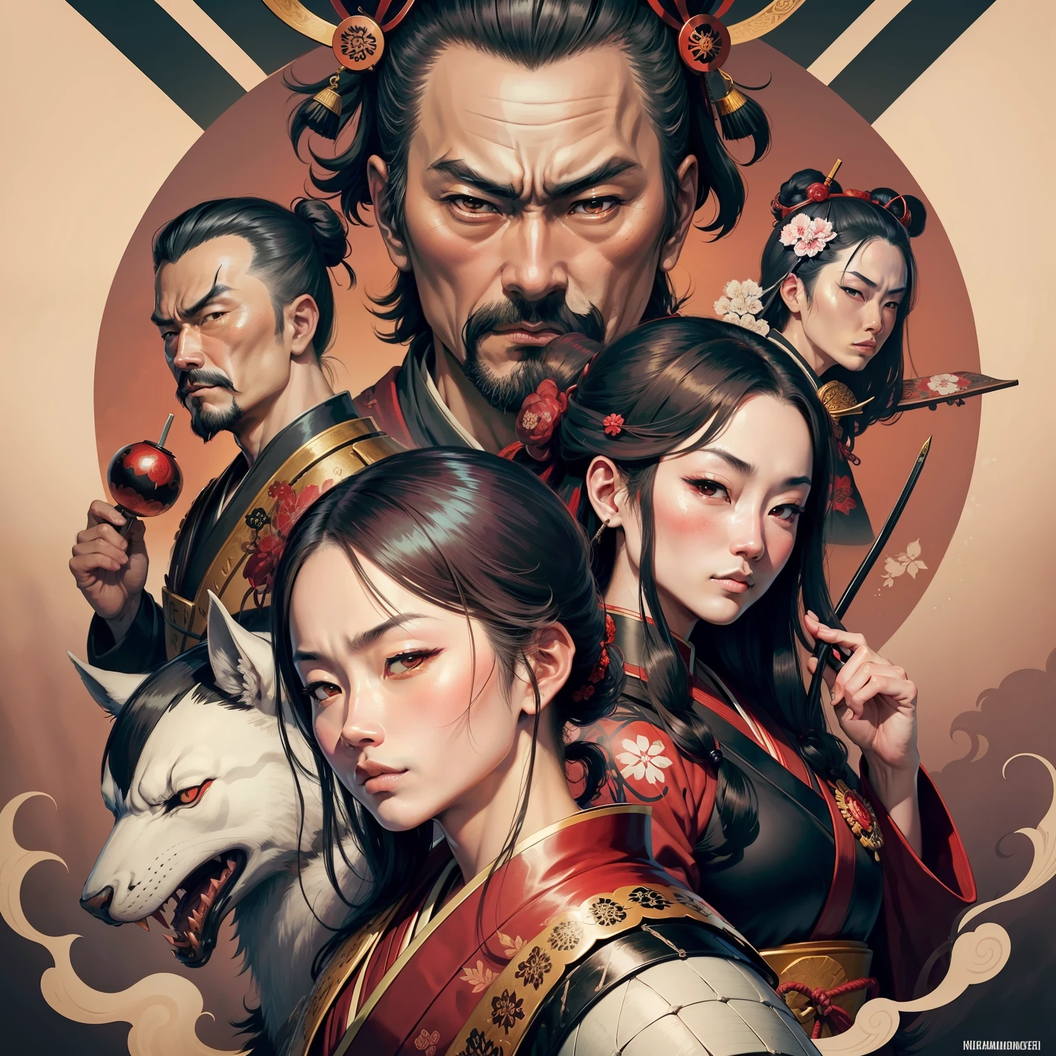 Warlord of the Japan、samurais、Oda Nobunaga、beautiful countenance、((hightquality))((​masterpiece))ukiyoe painting、Hokusai、Yoshitoshi Tsukioka、mushae style,battle enemy,back hokusai style