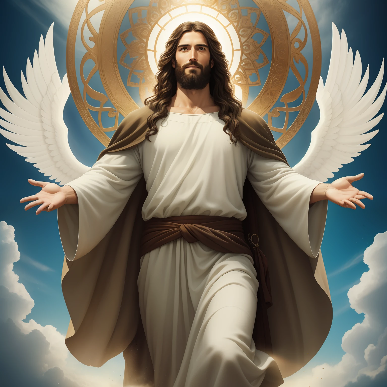 A handsome god Jesus christ ( jesus) blessing to the sky 35 years old with a long brown hair and long beard, heaven blessings light with a cross background) happy face, realistic 8k,A beautiful ultra-thin realistic portrait of Jesus, the prophet, a man 35 years old Hebrew brunette, short brown hair, real perfect eyes, long brown beard, with, Helping People , wearing long linen tunic closed on the chest part, in front view, full body, biblical, realistic,by Diego Velázquez,Peter Paul Rubens,Rembrandt,Alex Ross,8k, Concept Art, PhotoRealistic, Realistic, Illustration, Oil Painting, Surrealism, HyperRealistic, helping people , Digital art, style, watercolorReal Jesus flying on sky with a flying cloud in the background, Jesus walking on water, biblical illustration, epic biblical representation, forcing him to flee, coming out of the ocean, ! holding in hand!, disembarking, god of the ocean, beautiful representation, 8k 3D Model, realistic,
a 3D Realistic of jesus with a halo in the sky, jesus christ, smiling in heaven, portrait of jesus christ, jesus face, 35 young almighty god, portrait of a heavenly god, greg olsen, gigachad jesus, jesus of nazareth, jesus, the face of god, god looking at me, he is greeting you warmly, he is happy, avatar image