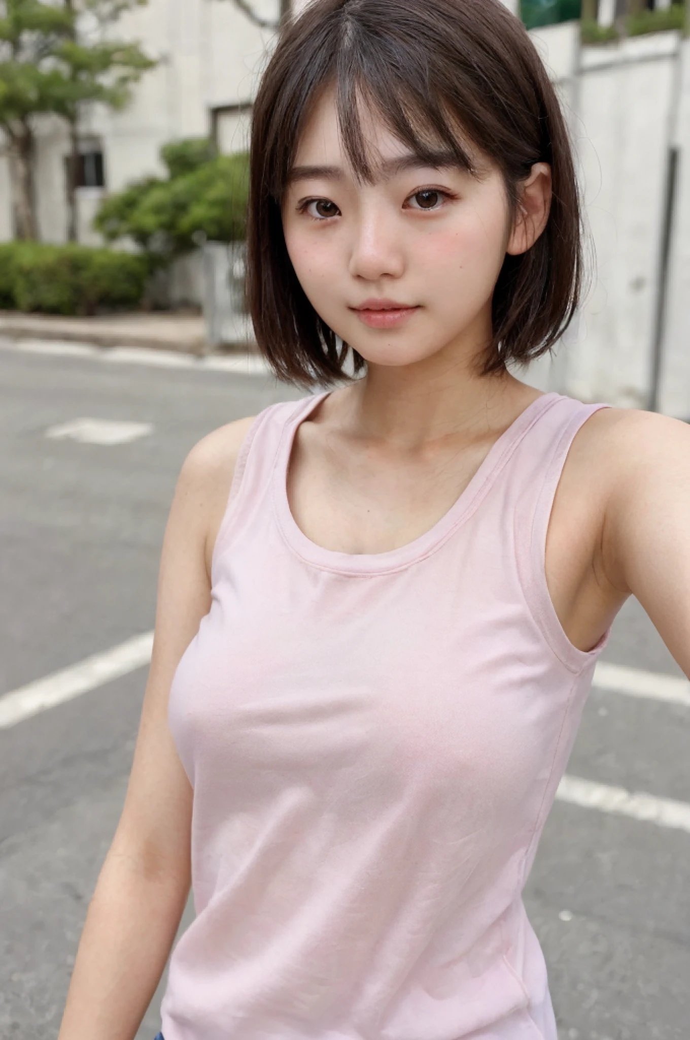 japanese amateur newhalf ピンクのタンクトップを着たアジア系の女性が駐車場に立っている - SeaArt AI